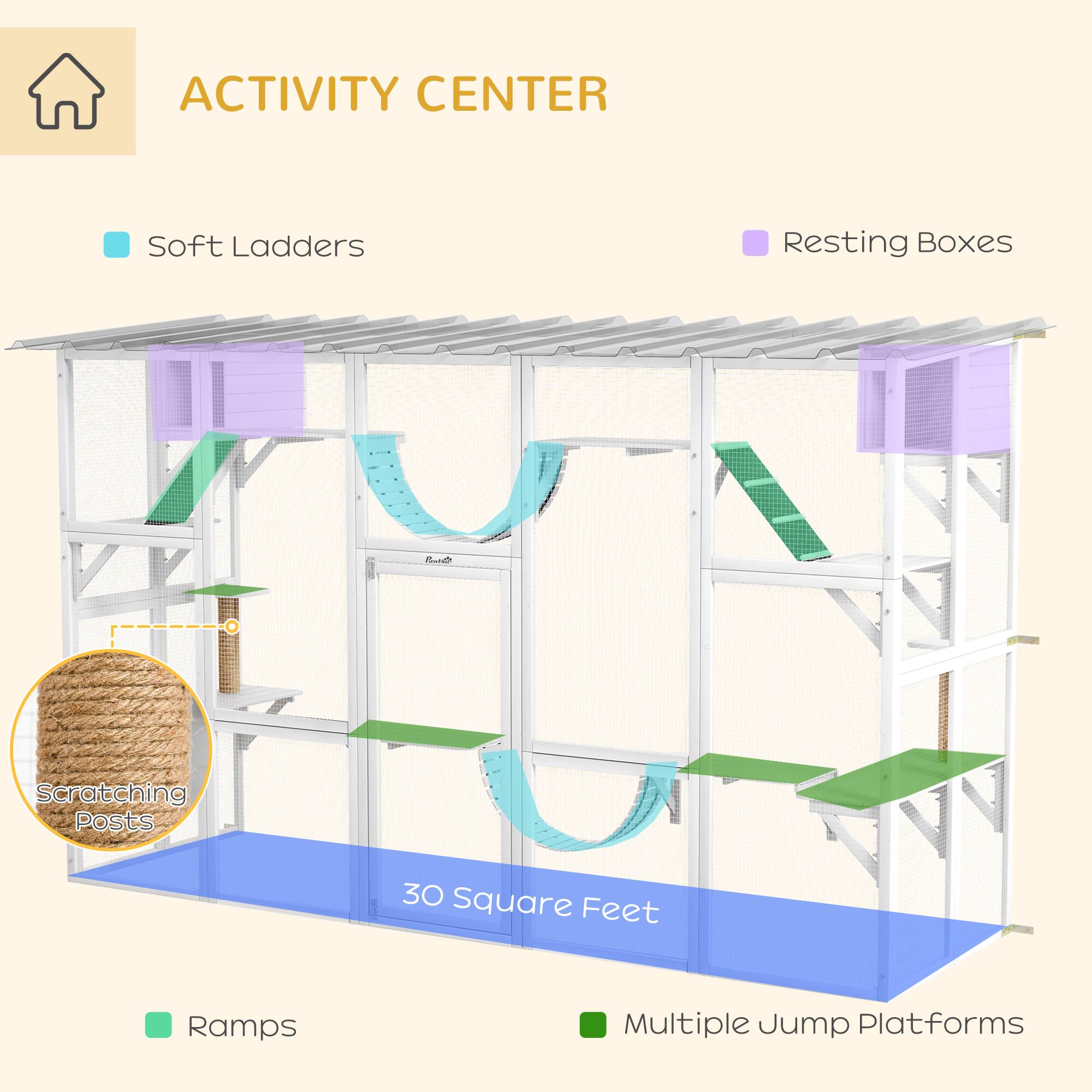 ACTIVITY CENTER

- Soft Ladders
- Resting Boxes
- Scratching Posts
- Ramps
- Multiple Jump Platforms

30 Square Feet
