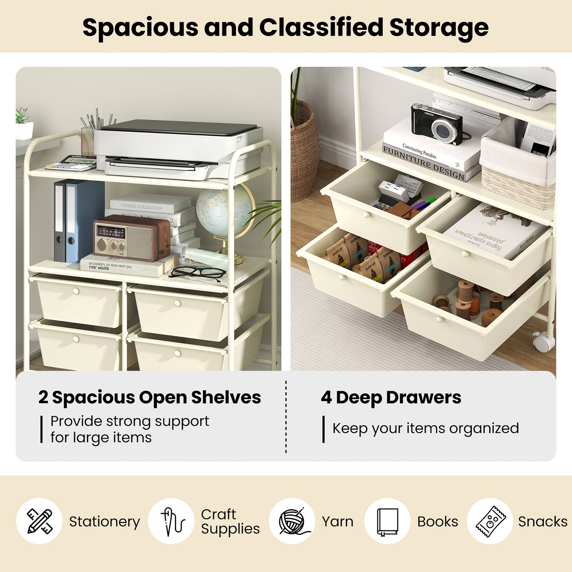 Spacious and Classified Storage

2 Spacious Open Shelves
- Provide strong support for large items

4 Deep Drawers
- Keep your items organized

Stationery
Craft Supplies
Yarn
Books
Snacks