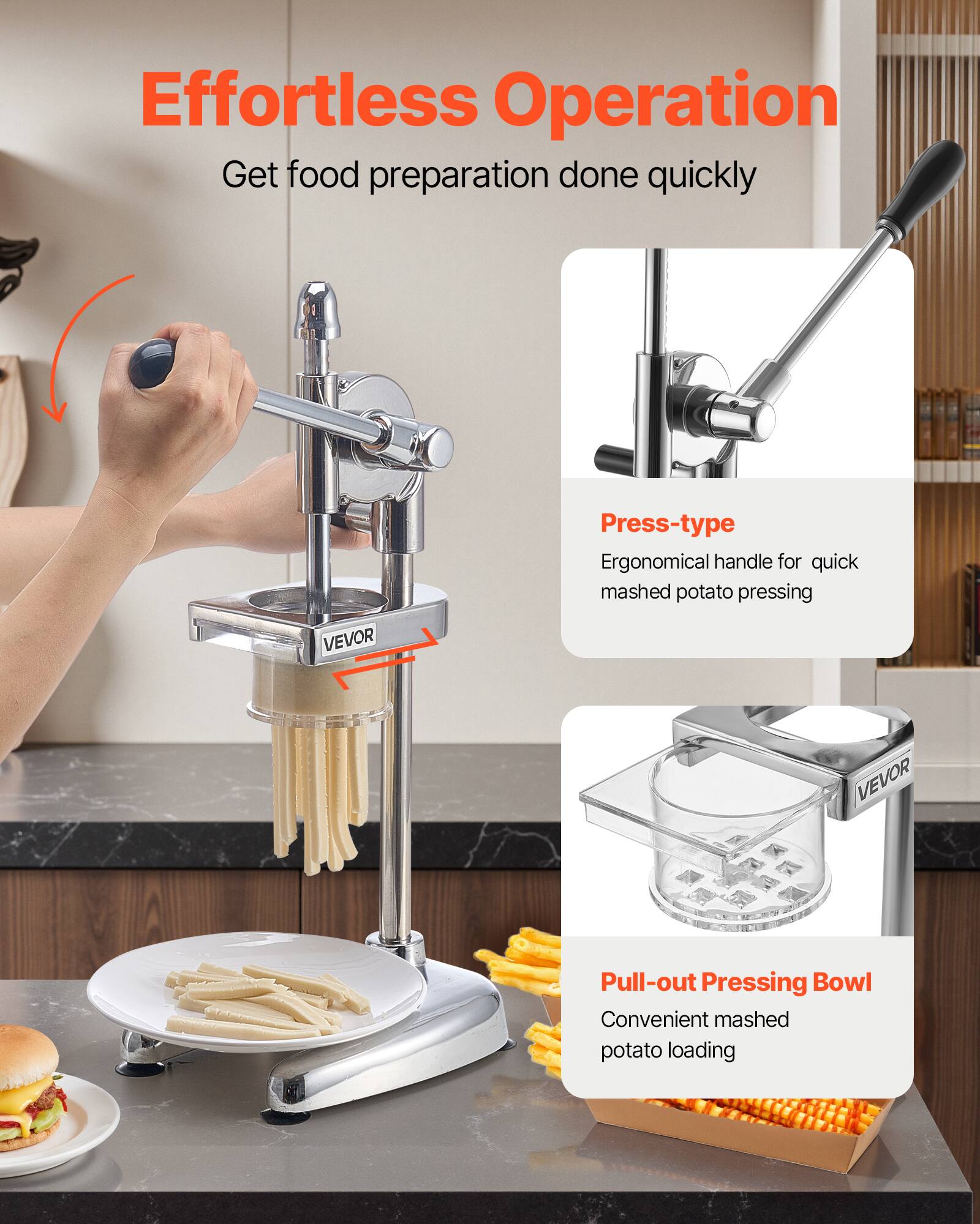 Effortless Operation  
Get food preparation done quickly  

Press-type  
Ergonomical handle for quick mashed potato pressing  

Pull-out Pressing Bowl  
Convenient mashed potato loading