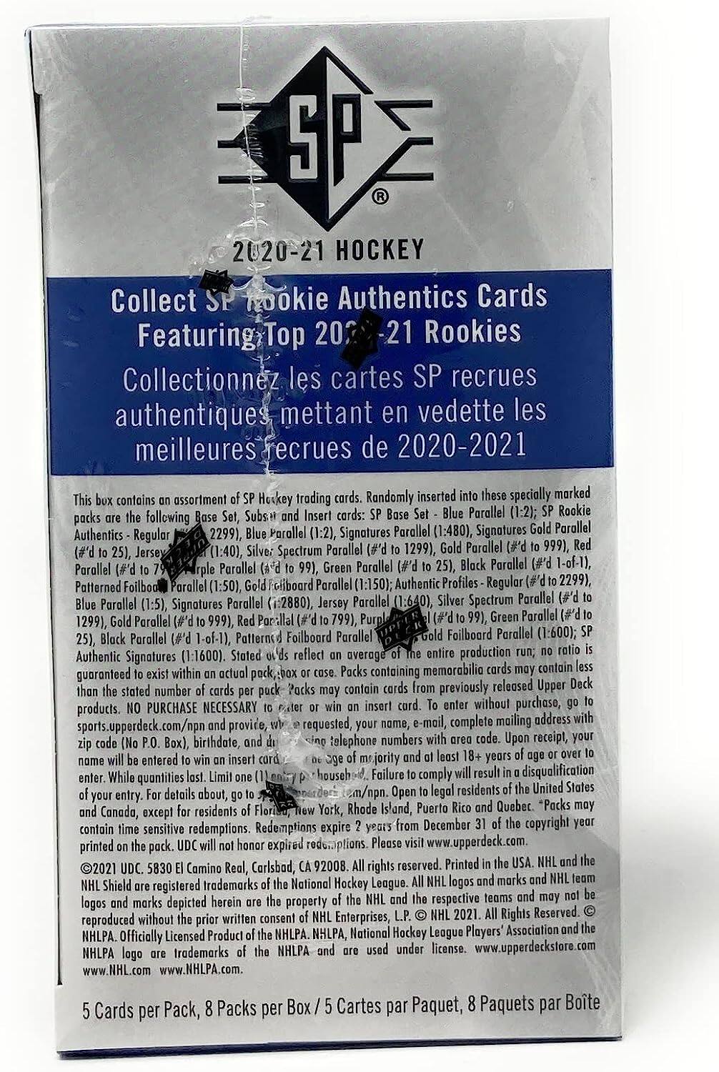 2020-21 HOCKEY Collect SP Rookie Authentics Cards Featuring Top 2021 Rookies

Collectionnez les cartes SP recrues authentiques mettant en vedette les meilleures recrues de 2020-2021

This box contains an assortment of SP Hockey trading cards. Randomly inserted into these specially marked packs are the following Base Set, Subs, and Insert cards: 
- Authentic Profiles - Regular (#'d to 2299), Blue Parallel (1:2), Signatures Parallel (1:480), Spectrum Parallel (1:1299), Gold Parallel (#'d to 999), Red Parallel (#'d to 25), Black Parallel (#'d 1-of-1), Patterned Foilboard Parallel (1:50), Gold Foilboard Parallel (1:600); 
- Authentic Signatures (1:1600).

Subs# cards: 
- Parallel Rookie packs following Parallel Signatures Parallel (1:480), Signatures Parallel Authentics Regular 2299), Jersey (1:40), Spectrum Parallel 1299
