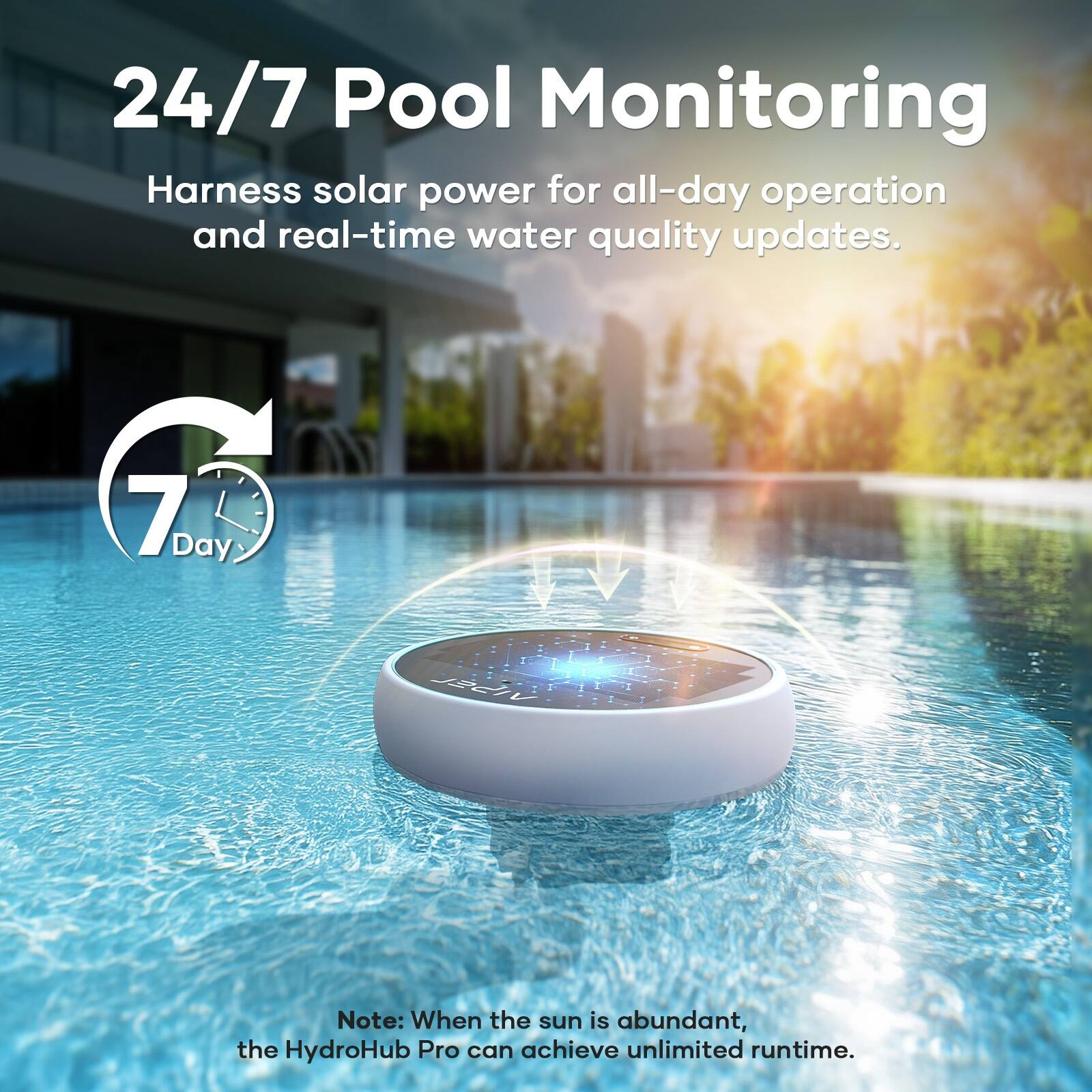 24/7 Pool Monitoring: Harness solar power for all-day operation and real-time water quality updates. 7-day battery life. Note: When the sun is abundant, the HydroHub Pro can achieve unlimited runtime.