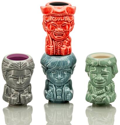 Front. ThinkGeek - Geeki Tikis The Goonies Mini Muglet 4-Pack | Mikey, Data, Chunk, Mouth - Red.