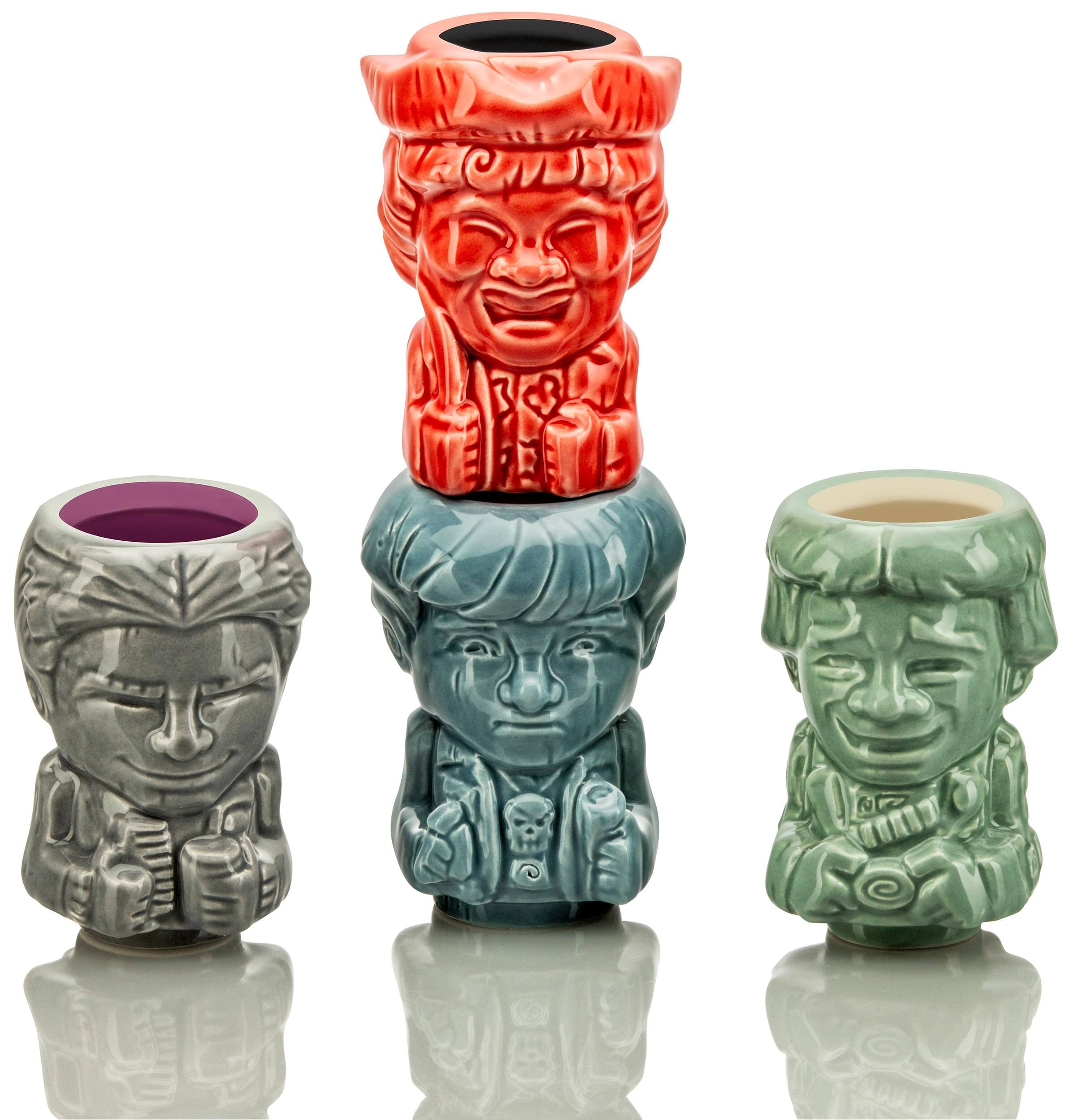 Front. ThinkGeek - Geeki Tikis The Goonies Mini Muglet 4-Pack | Mikey, Data, Chunk, Mouth - Red.