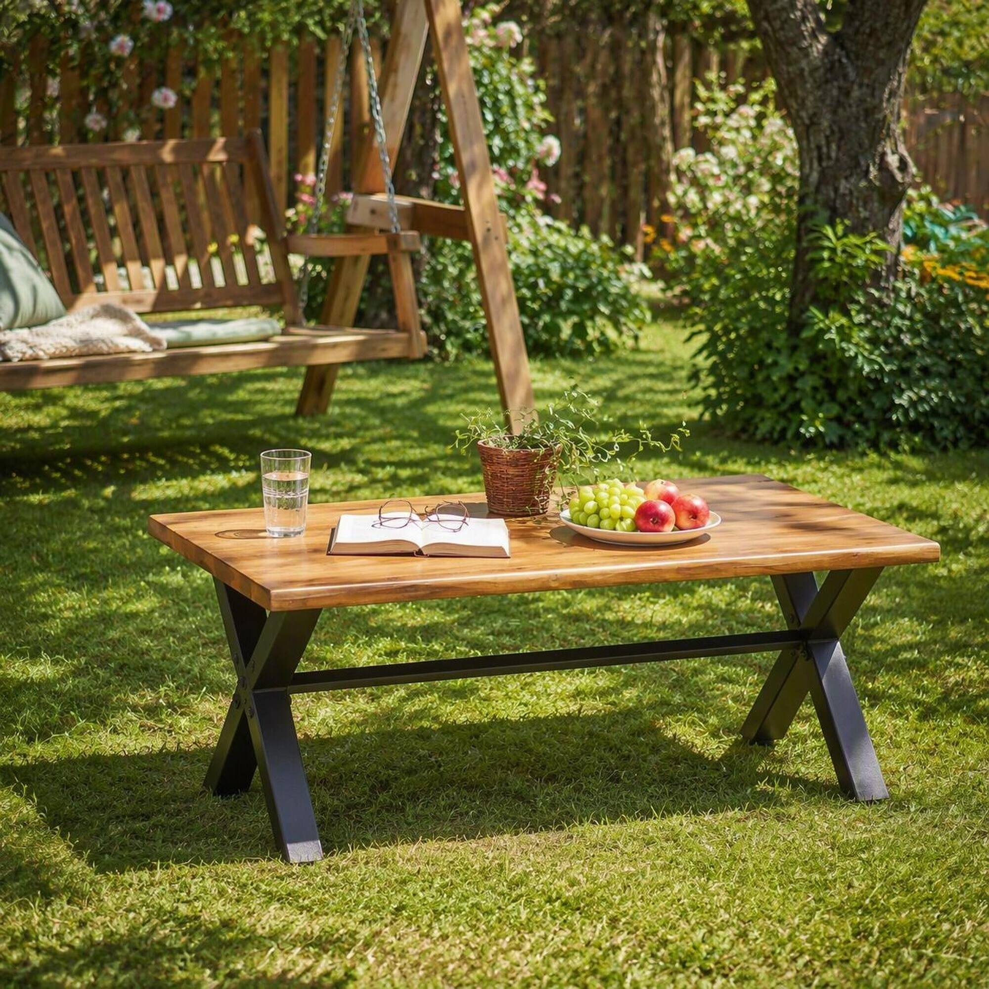 Alt View 2. RYHNUYNE - Outdoor Dining Table, Acacia Wood Patio Table, Rectangular Outdoor Table for Porch, Garden, Backyard and Poolside - Brown+Black.