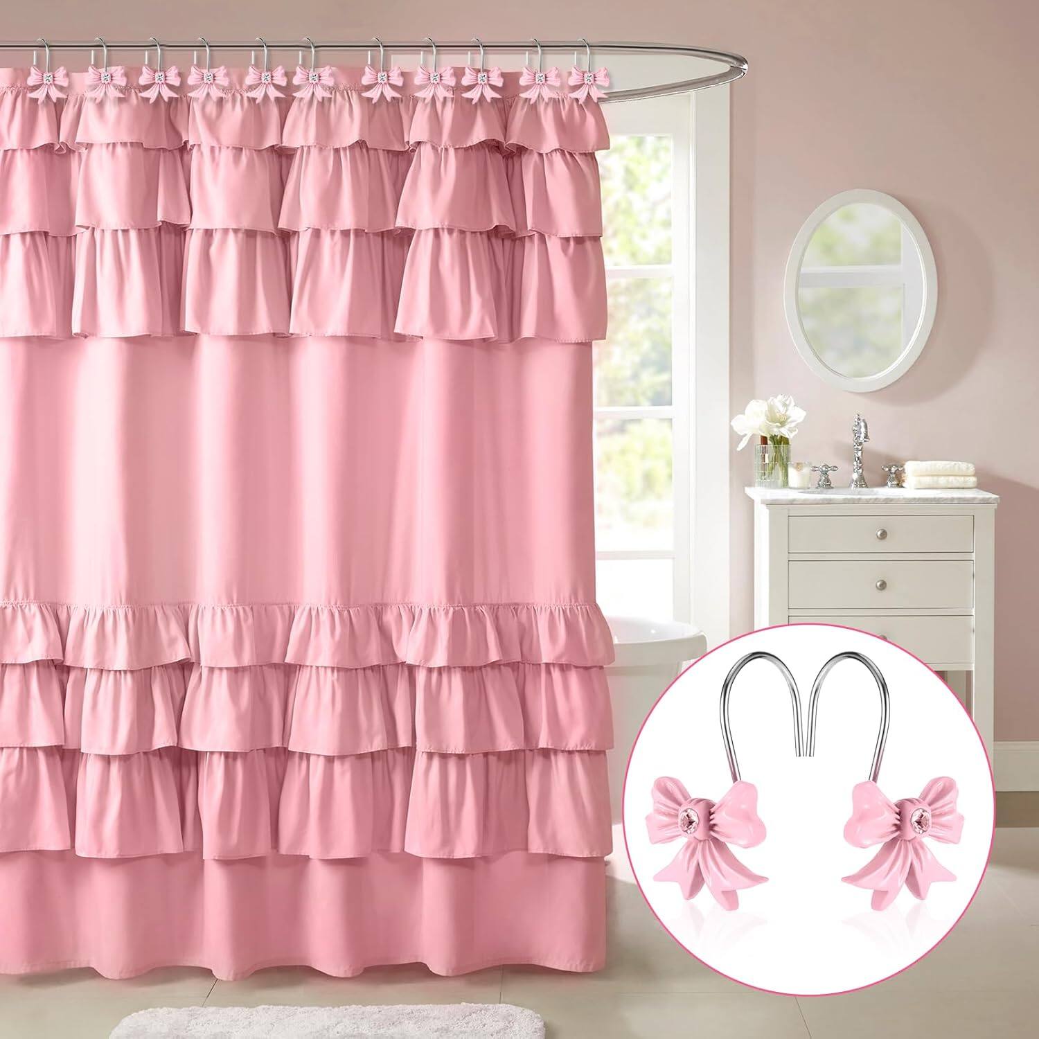Angle. Acteck - 12 Pcs Bow Shower Curtain Hooks, Resin Pink Shower Curtain Hooks Rustproof Stainless Steel, Cute Bow Bathroom Decor - Pink.