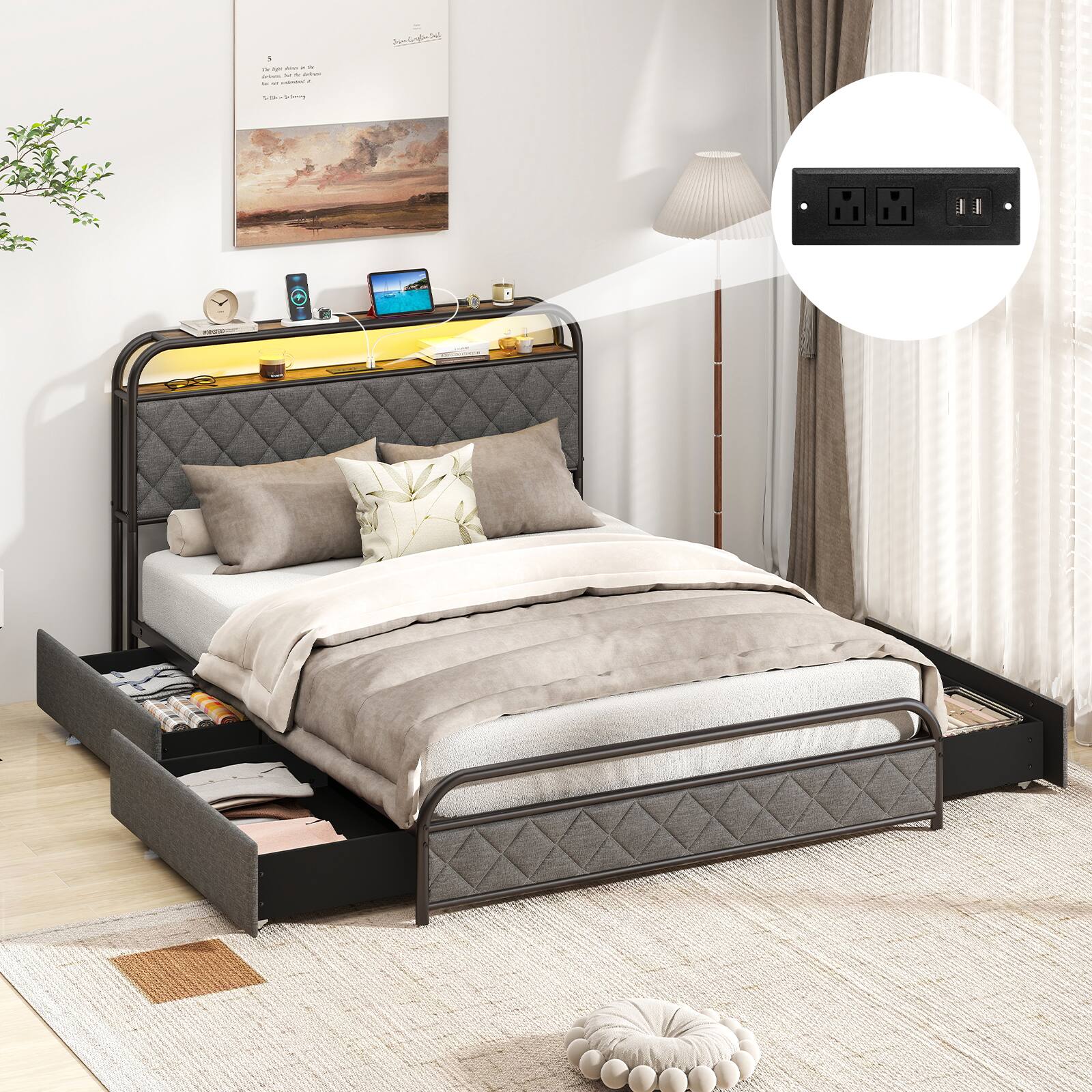 Angle. LUCKY ONE - Full Assembled Platform Bed Frame with LED Lights Charging Station Storage Headboard - Black-Full.
