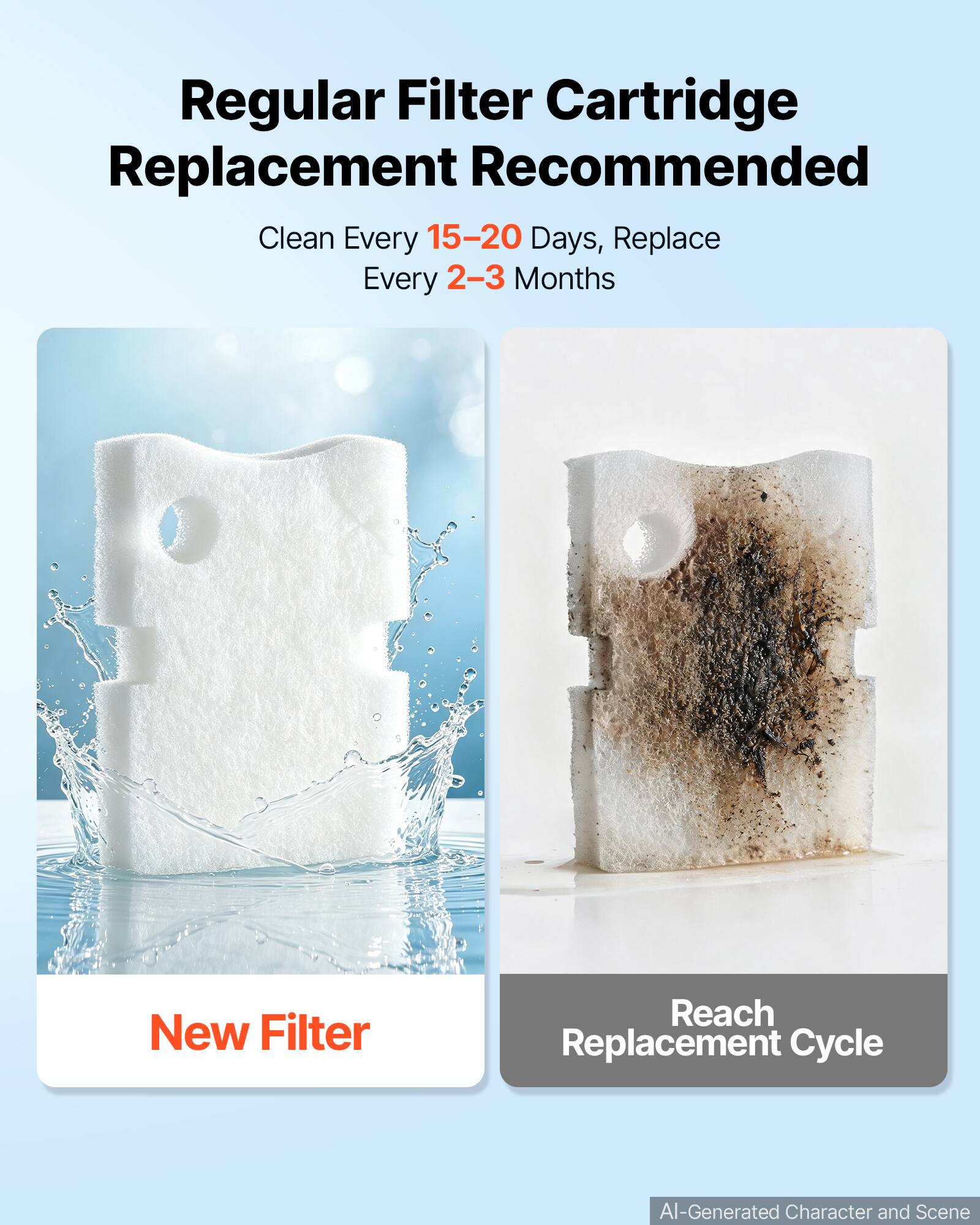 Regular Filter Cartridge Replacement Recommended  
Clean Every 15-20 Days, Replace Every 2-3 Months  

New Filter  
Reach Replacement Cycle  

AI-Generated Character and Scene