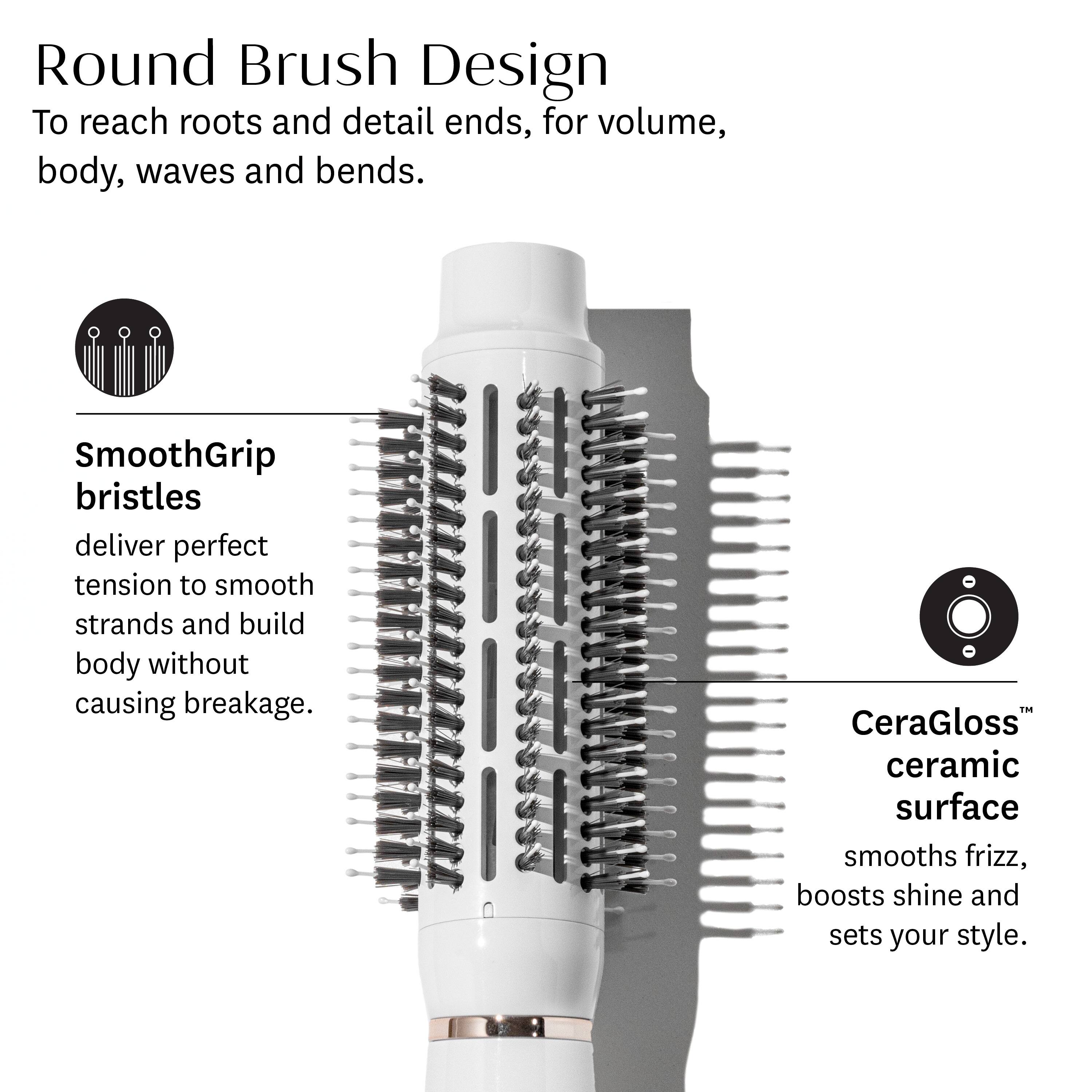 Round Brush Design: To reach roots and detail ends, for volume, body, waves and bends. SmoothGrip bristles deliver perfect tension to smooth strands and build body without causing breakage. CeraGloss ceramic surface smooths frizz, boosts shine and sets your style.