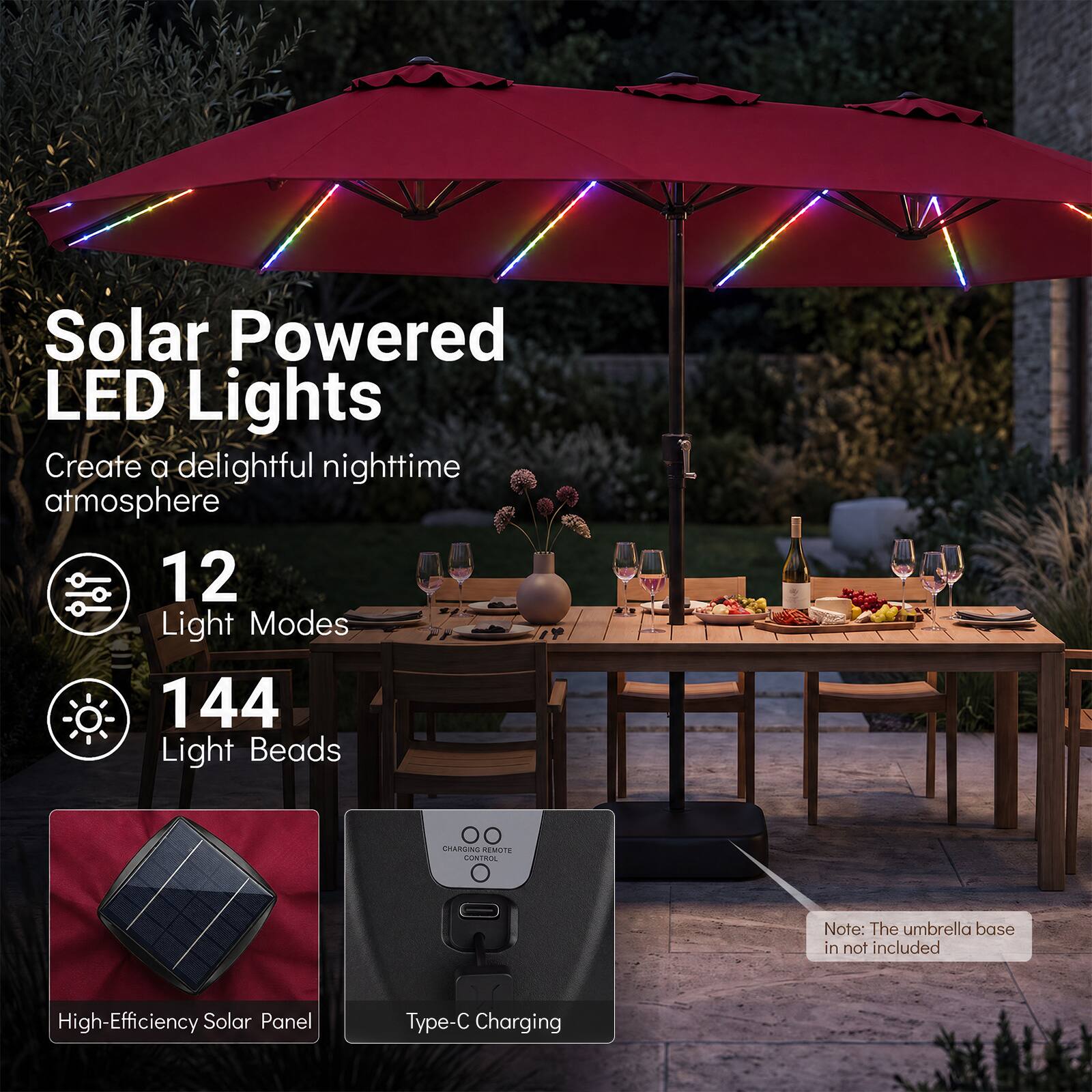 Solar Powered LED Lights  
Create a delightful nighttime atmosphere  
12 Light Modes  
144 Light Beads  

Note: The umbrella base is not included  

High-Efficiency Solar Panel  
Type-C Charging