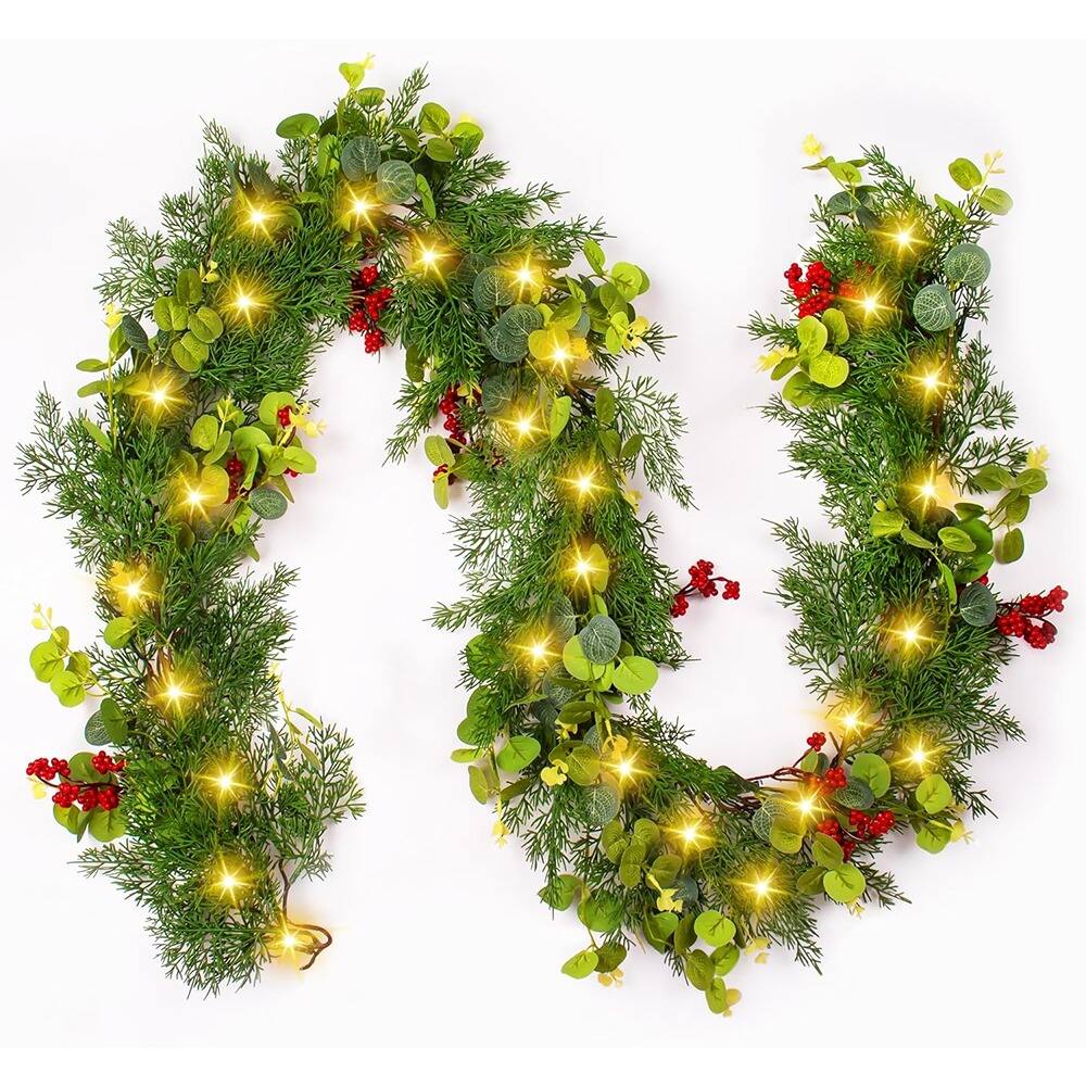 Front. PARKER SLATER - Pre-Lit Christmas Garland 6.5FT Pine Branches with Eucalyptus Leaves - Green.