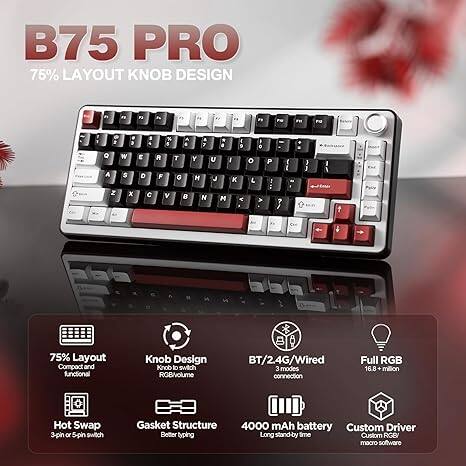 B75 PRO  
75% LAYOUT KNOB DESIGN  

Compact and functional Knob Design  
- Knob to switch ROB/volume  
- BT/24G/Wired 3 modes connection  
- Full RGB 16.8 + million  
- Hot Swap 3-pin or S-pin switch  
- Gasket Structure  
- Better typing  
- 4000 mAh battery  
- Custom Driver  
- Long stand-by time  
- Custom RGBV macro software