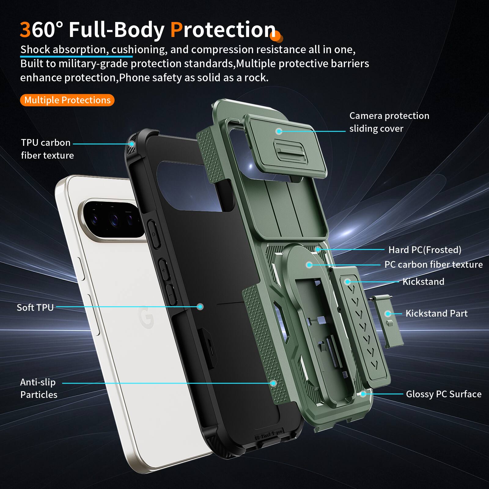 360° Full-Body Protection  
Shock absorption, cushioning, and compression resistance all in one, Built to military-grade protection standards, Multiple protective barriers enhance protection, Phone safety as solid as a rock.  

Multiple Protections  
TPU carbon fiber texture  
Camera protection sliding cover  
Soft TPU  
Anti-slip Particles  
Hard PC (Frosted)  
PC carbon fiber texture  
Kickstand  
Kickstand Part  
Glossy PC Surface