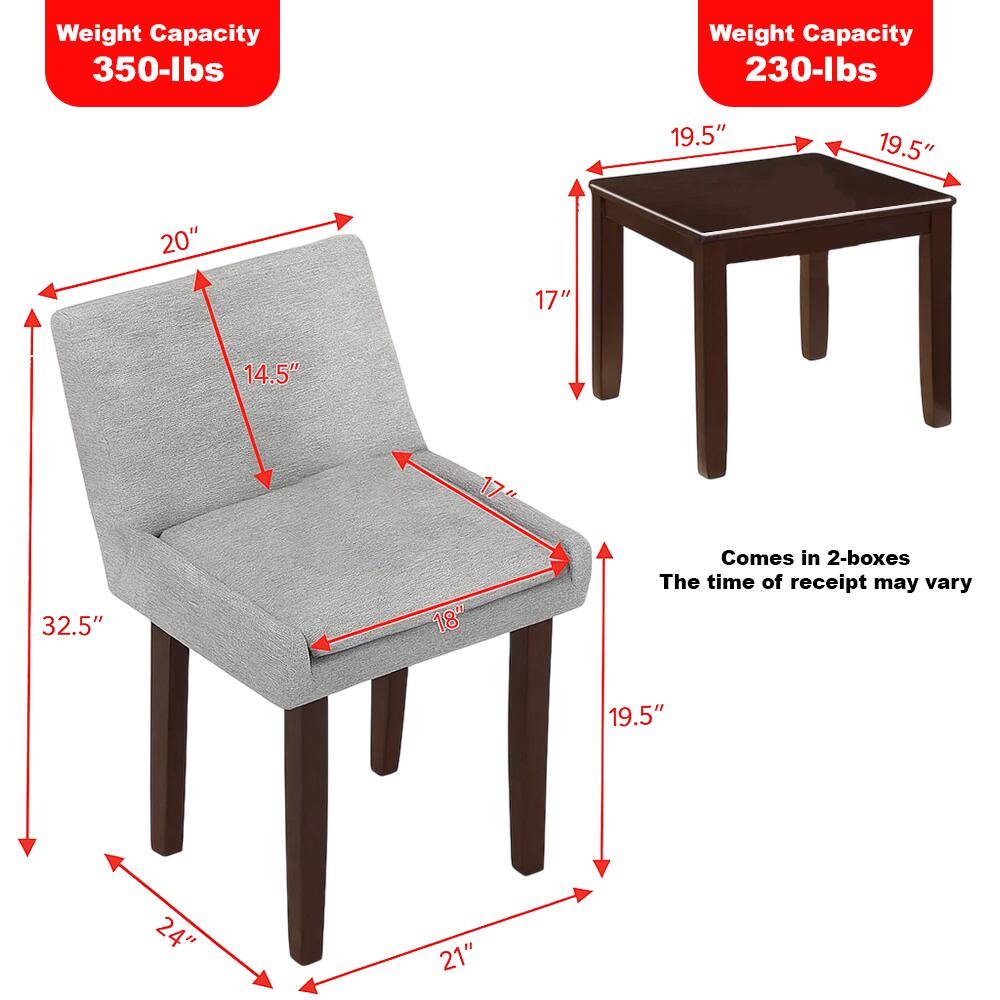 Weight Capacity: 350-lbs  
Weight Capacity: 230-lbs  

Chair Dimensions:  
- Height: 32.5"  
- Width: 24"  
- Depth: 21"  
- Seat Height: 18"  
- Back Height: 20"  
- Seat Depth: 17"  
- Back Width: 14.5"  

Table Dimensions:  
- Height: 17"  
- Width: 19.5"  
- Depth: 19.5"  

Comes in 2-boxes  
The time of receipt may vary