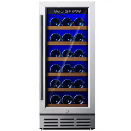 Front. SIMZLIFE - 15 In Under-counter Wine Refrigerator, Digital Temperature Control, Freestanding Chiller with Removable Shelves - Silver.