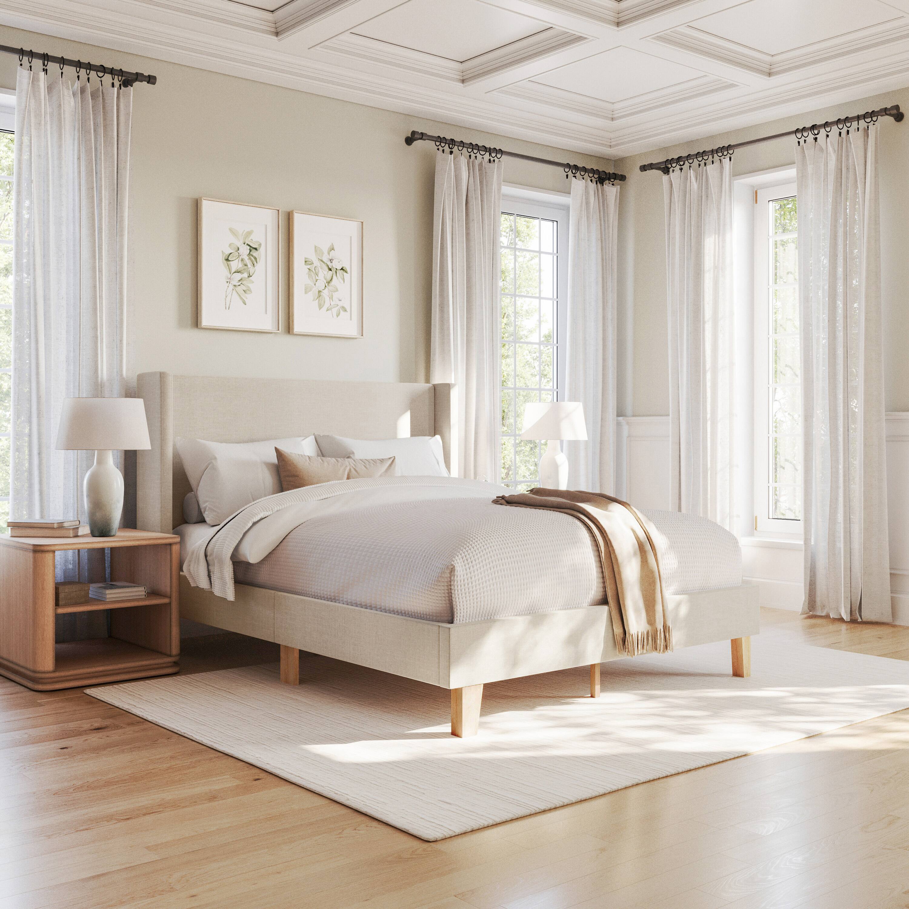 Front. Martha Stewart - Upholstered Platform Bed with Wingback Headboard - Beige.