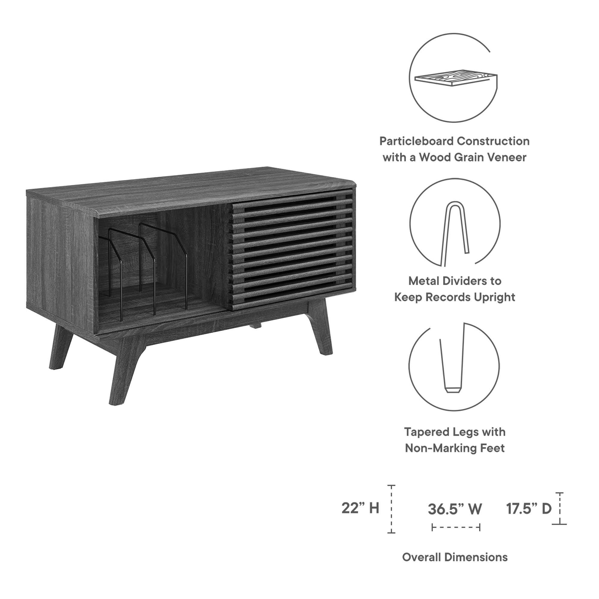 Particleboard Construction with a Wood Grain Veneer  
Metal Dividers to Keep Records Upright  
Tapered Legs with Non-Marking Feet  

Overall Dimensions:  
22" H x 36.5" W x 17.5" D