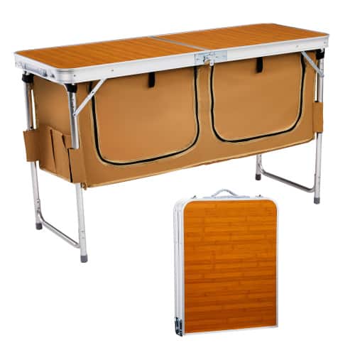 Winado - 4FT Portable Aluminum Folding Camping Table with Storage, Adjustable Height, Carry Handle for Outdoor Camping Pinic - Wooden