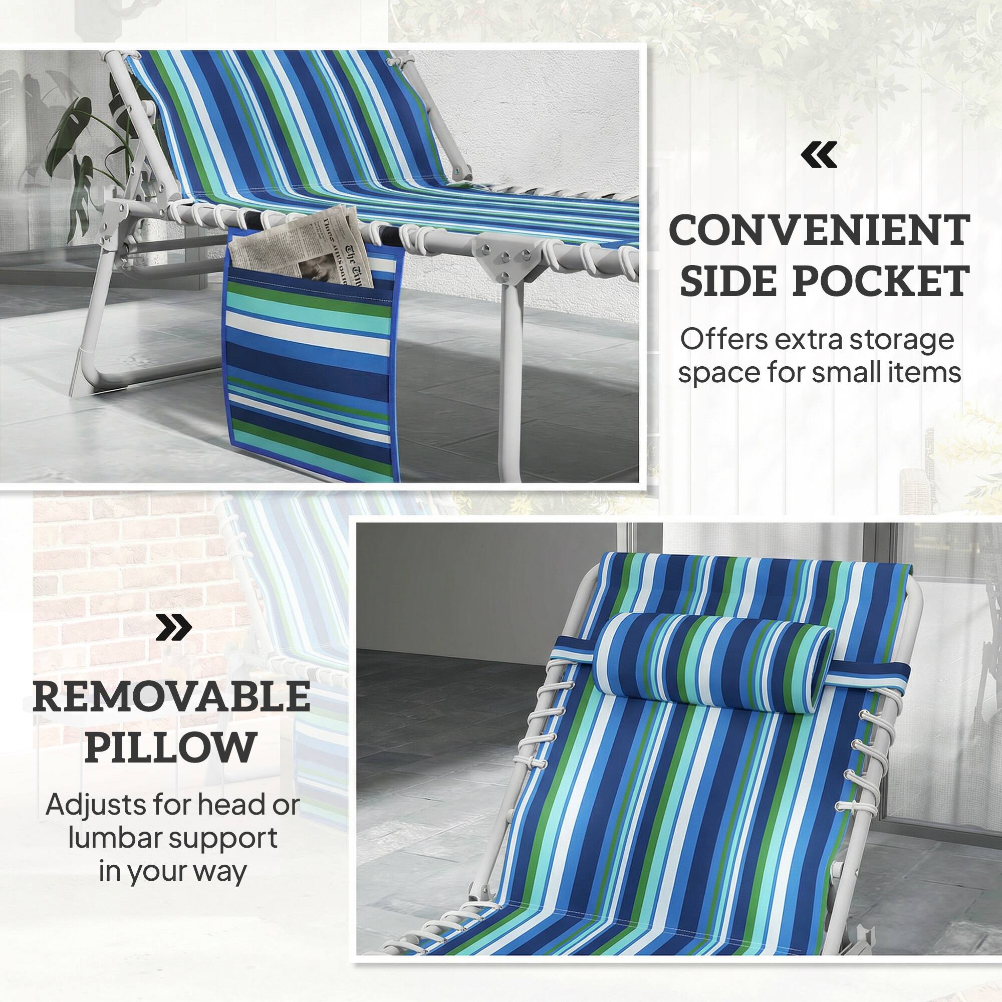 1502

CONVENIENT SIDE POCKET  
Offers extra storage space for small items

REMOVABLE PILLOW  
Adjusts for head or lumbar support in your way