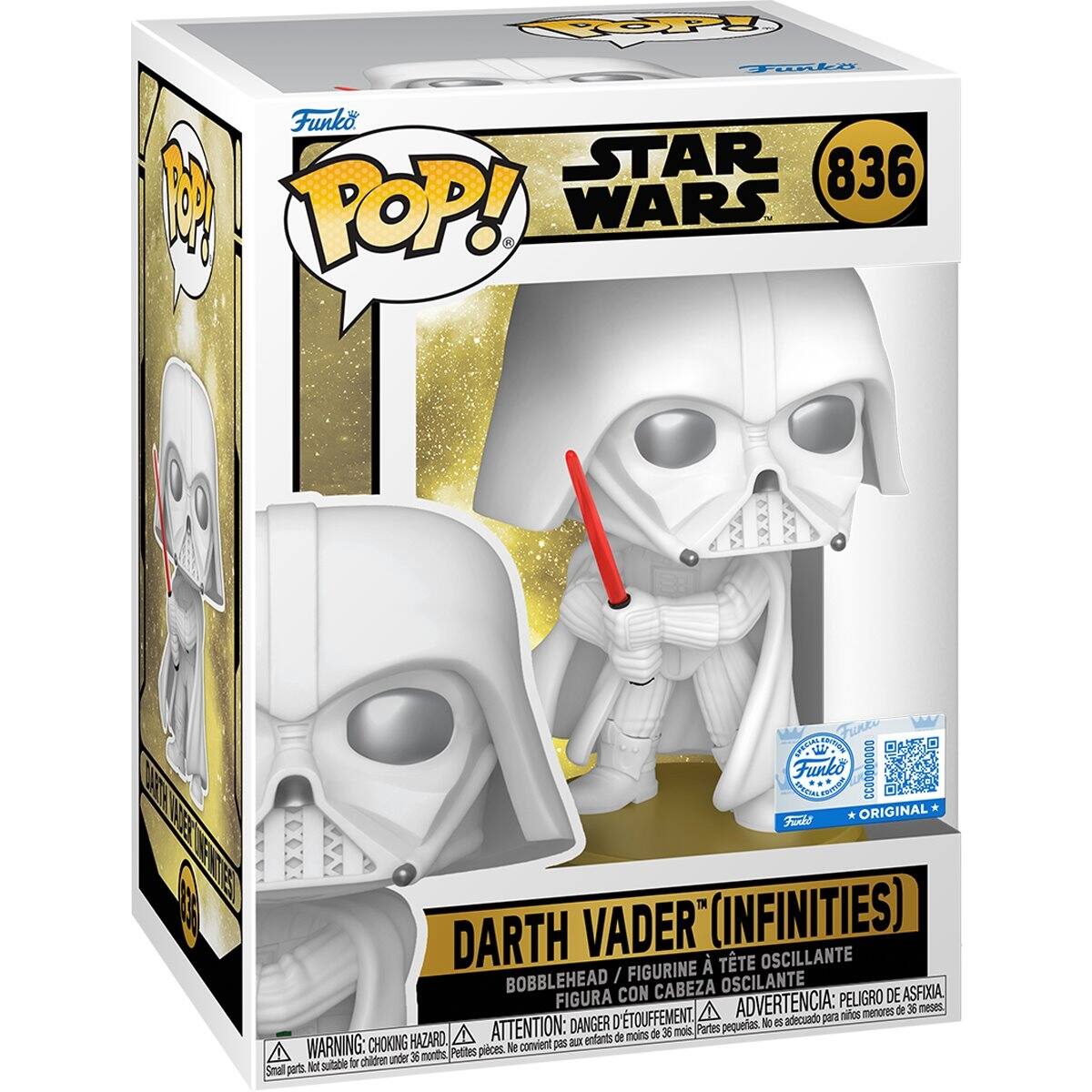 POP! Funko STAR WARS 836 POP! DARTH VADER (INFINITIES) BOBBLEHEAD / FIGURINE OSCILANTE / FIGURA CON CABEZA OSCILANTE  
WARNING: CHOKING HAZARD - Small parts. Not suitable for children under 36 months.  
ADVERTENCIA: PEQUEÑAS PIEZAS. NO ES ADECUADO PARA NIÑOS MENORES DE 36 MESES.  
ATTENTION: PETITES PIÈCES. NE CONVIENT PAS AUX ENFANTS DE MOINS DE 36 MOIS.