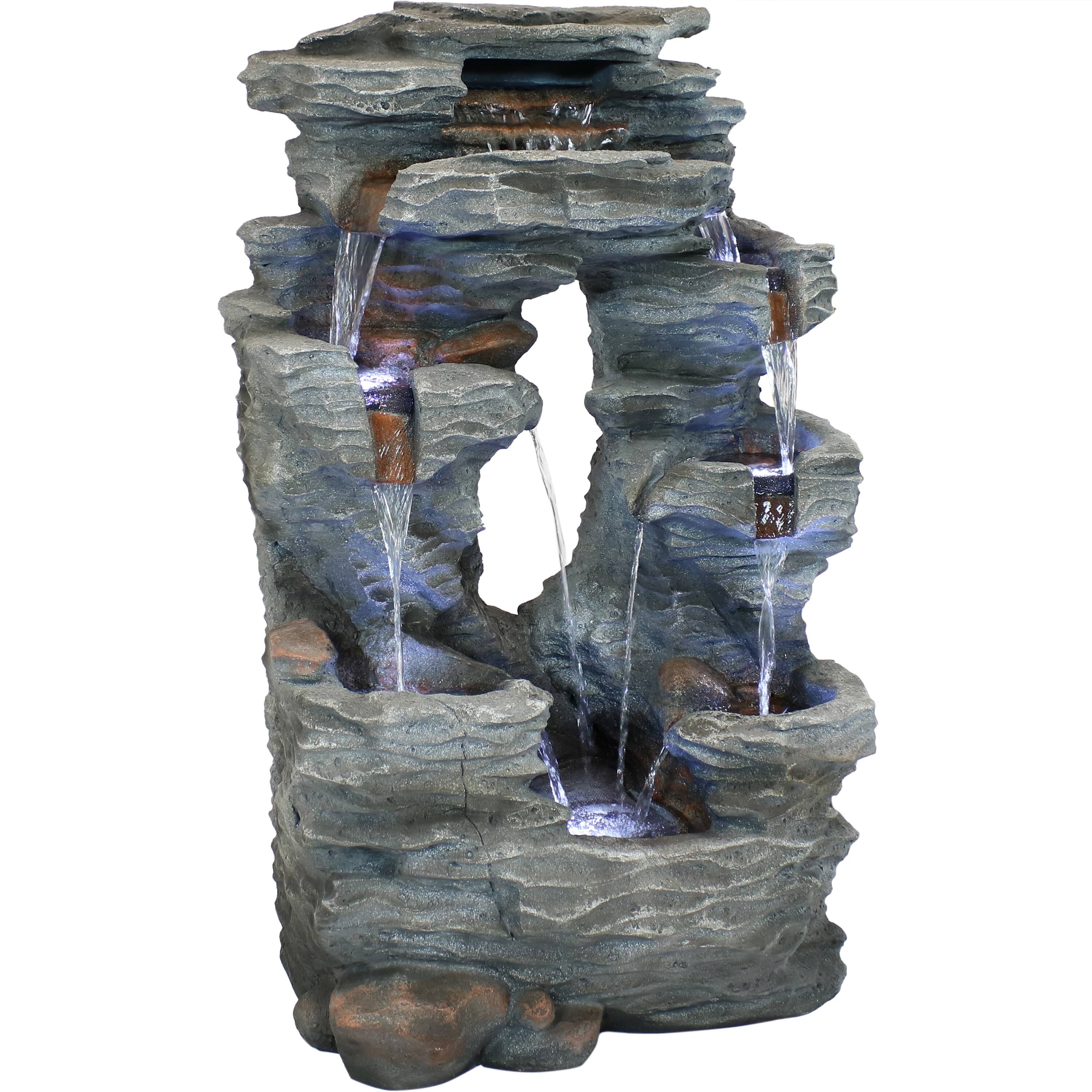 Front. Sunnydaze - Dual Cascading Rock Waterfall Fountain with LED Lights - 39 in - Grey.