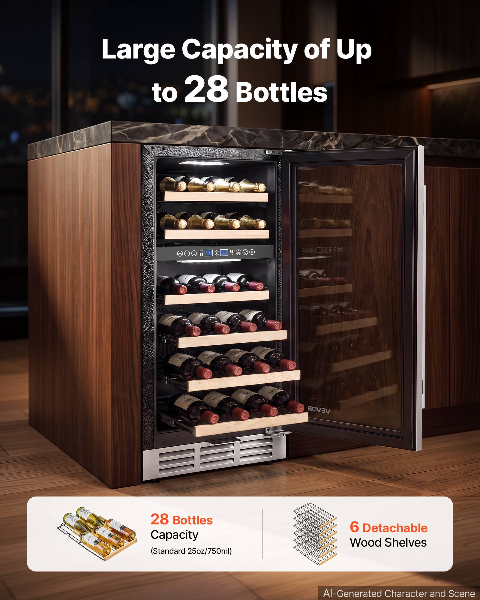 Large Capacity of Up to 28 Bottles

28 Bottles Capacity (Standard 25oz/750ml)

6 Detachable Wood Shelves

AI-Generated Character and Scene