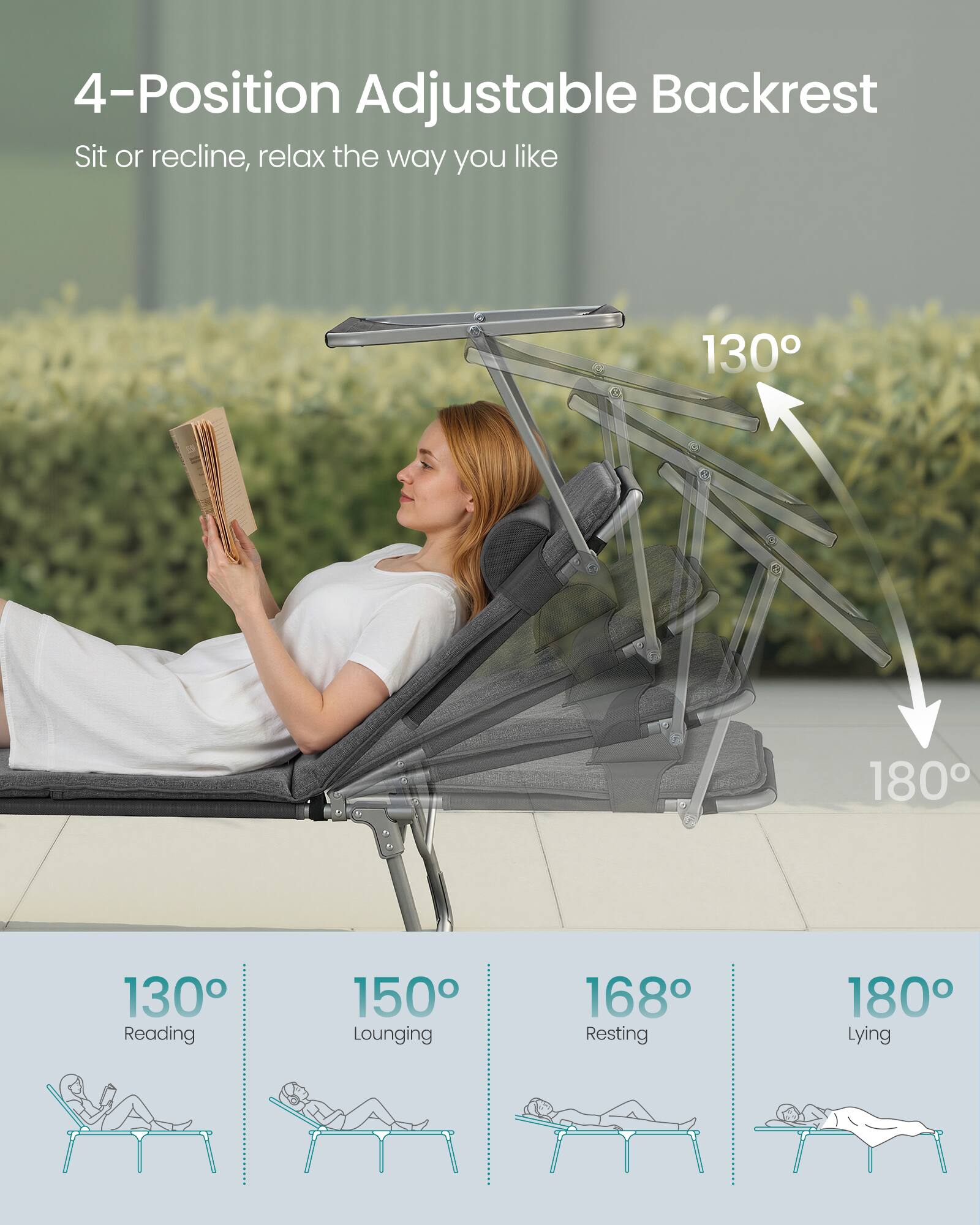 4-Position Adjustable Backrest  
Sit or recline, relax the way you like  

130° Reading  
150° Lounging  
168° Resting  
180° Lying