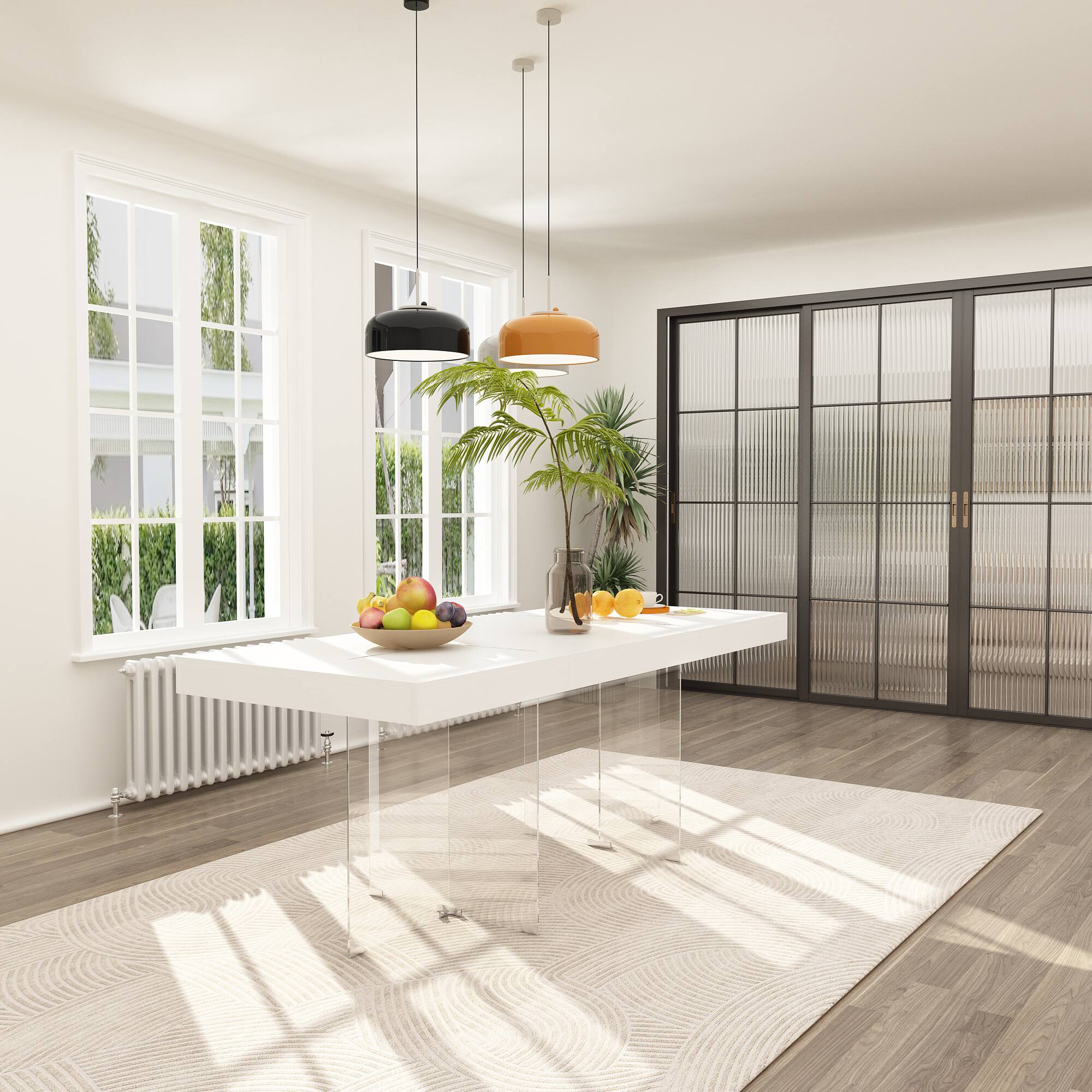 Angle. FUFU&GAGA - Modern Dining Table with Tempered Glass Legs, Minimalist Rectangular Table for Dining Room or Living Room - White.