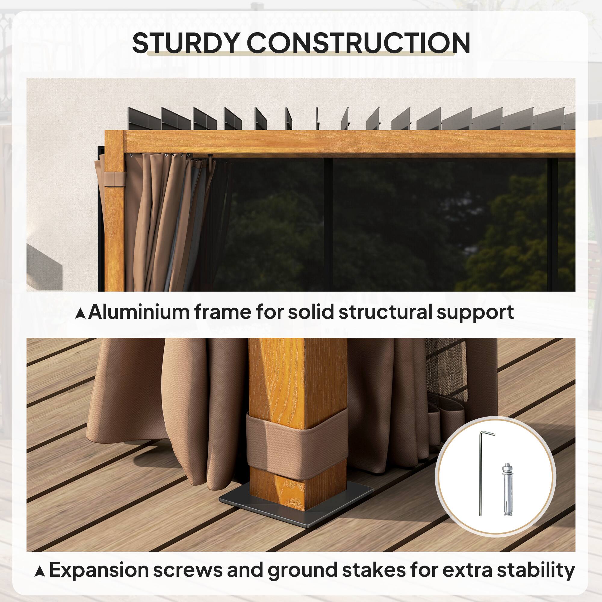 STURDY CONSTRUCTION

Aluminium frame for solid structural support

A Expansion screws and ground stakes for extra stability