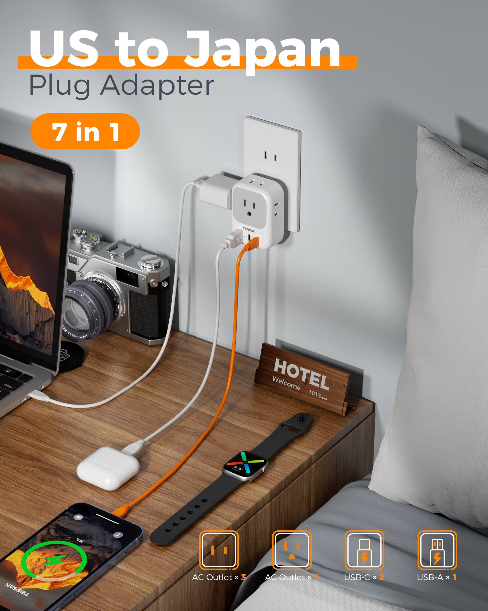 US to Japan Plug Adapter 7 in 1

is

WIN 127

HOTEL Welcome 1013***

ONLINE

1

TESSAN

AC Outlet x 2

USB-C x 2

USB-A x 1