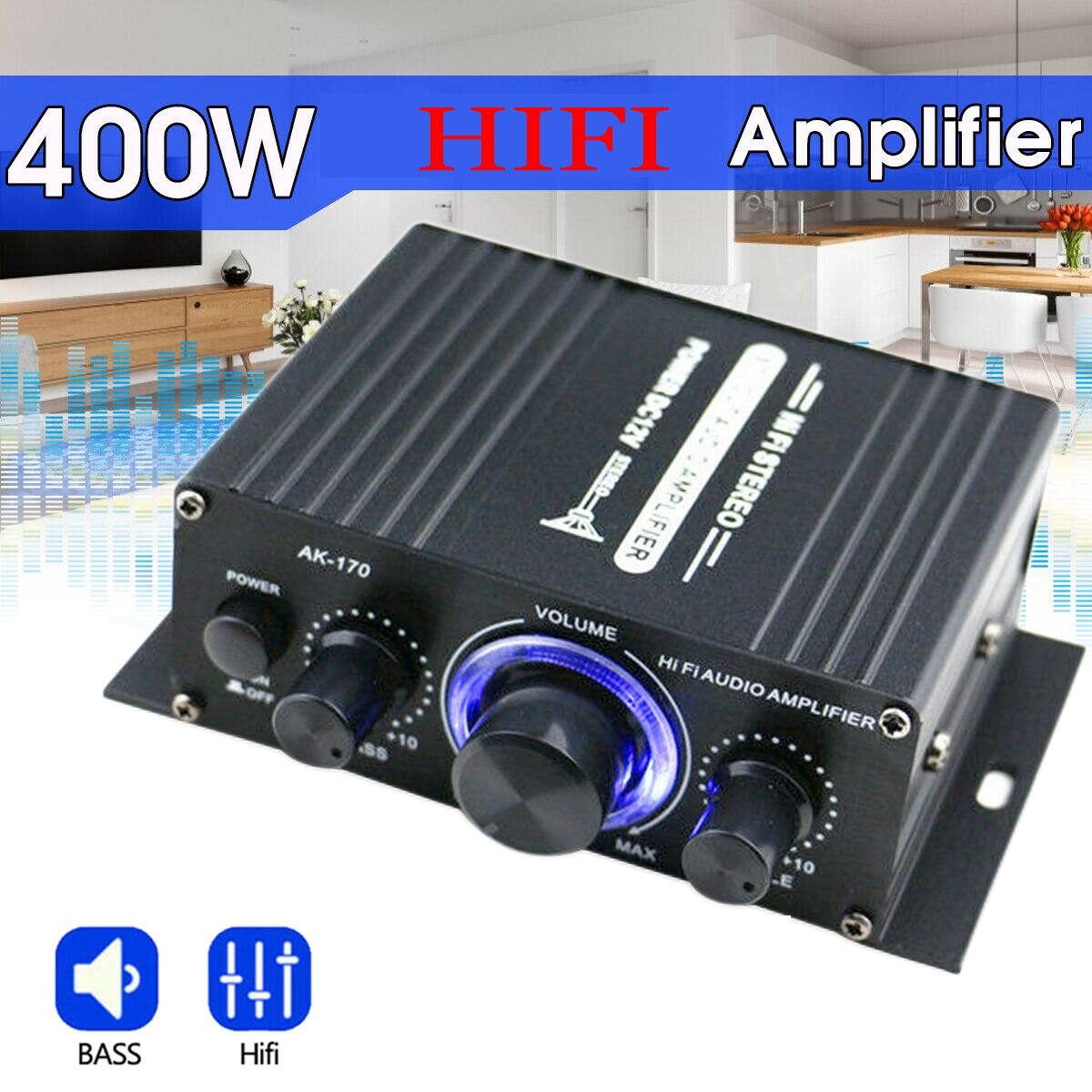 400W HIFI Amplifier AK-170  
POWER OFF  
DC12V  
STEREO  
VOLUME  
HI FI AUDIO AMPLIFIER  
MAX 10  
BASS  
Hifi