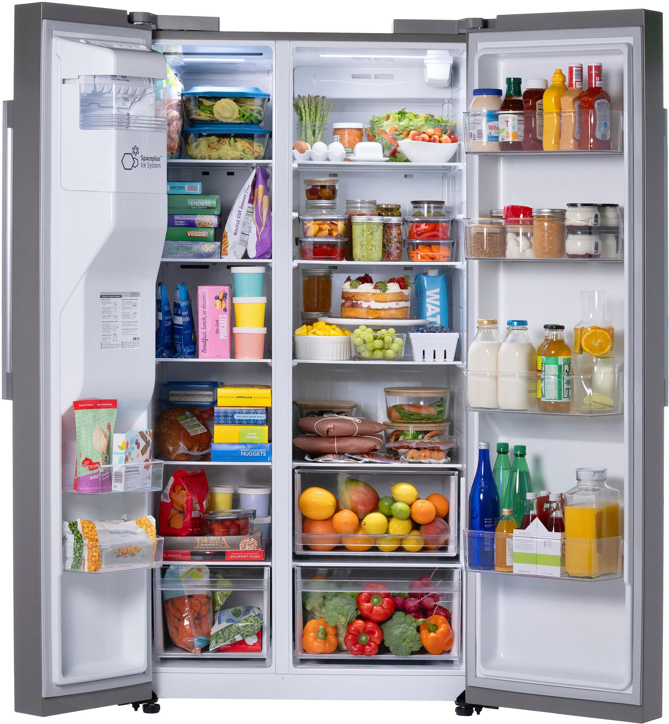 The refrigerator is filled with various food items, including fruits and vegetables. There are several oranges, apples, and carrots visible in the refrigerator. Additionally, there are multiple bottles, possibly containing beverages or condiments. The refrigerator is well-stocked and ready for use.