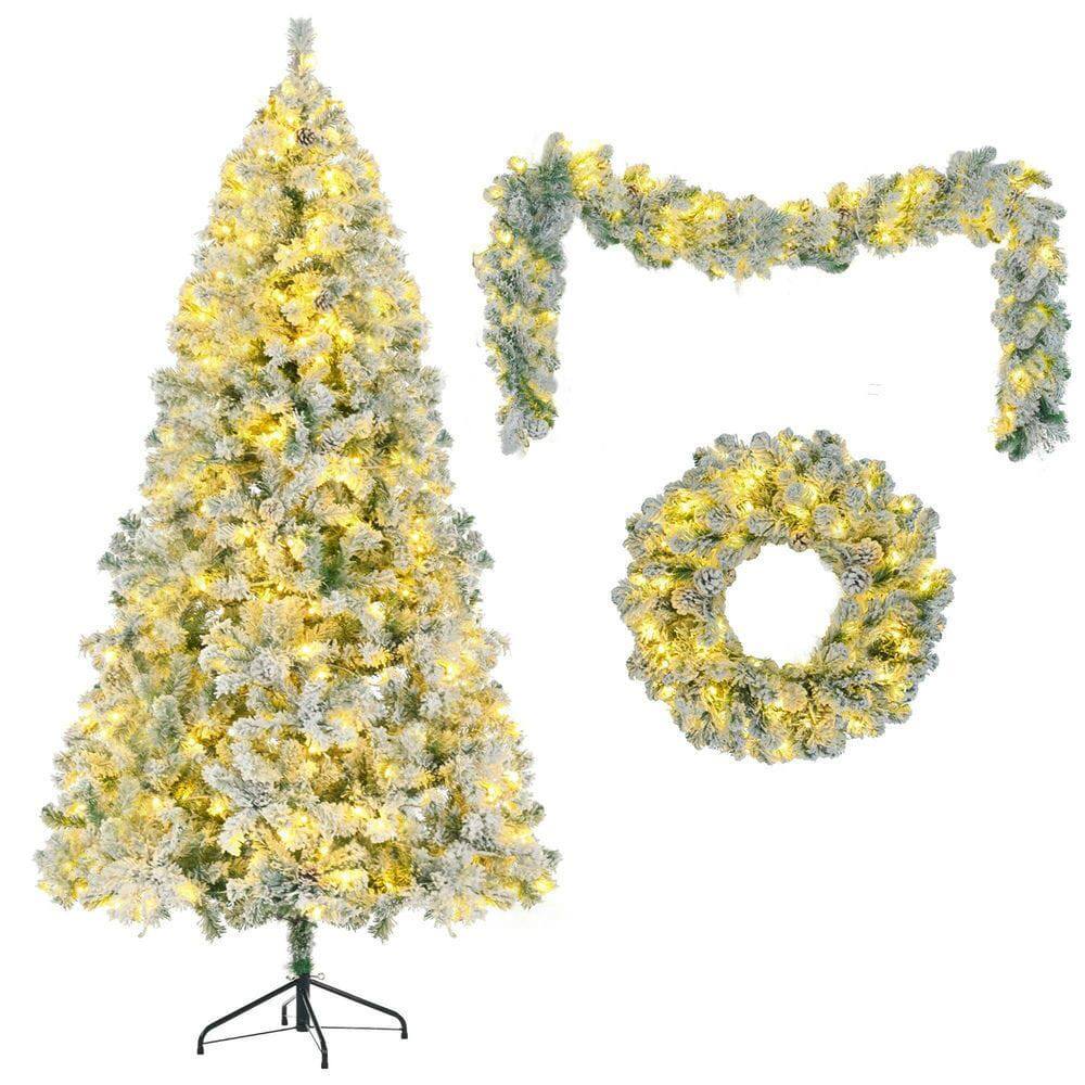 Alt View 2. Resenkos - 6ft Pre-Lit Snow Flocked Christmas Tree Bundle with Wreath, Features Pine Cones and Colorful LEDs, White and Green - Green.