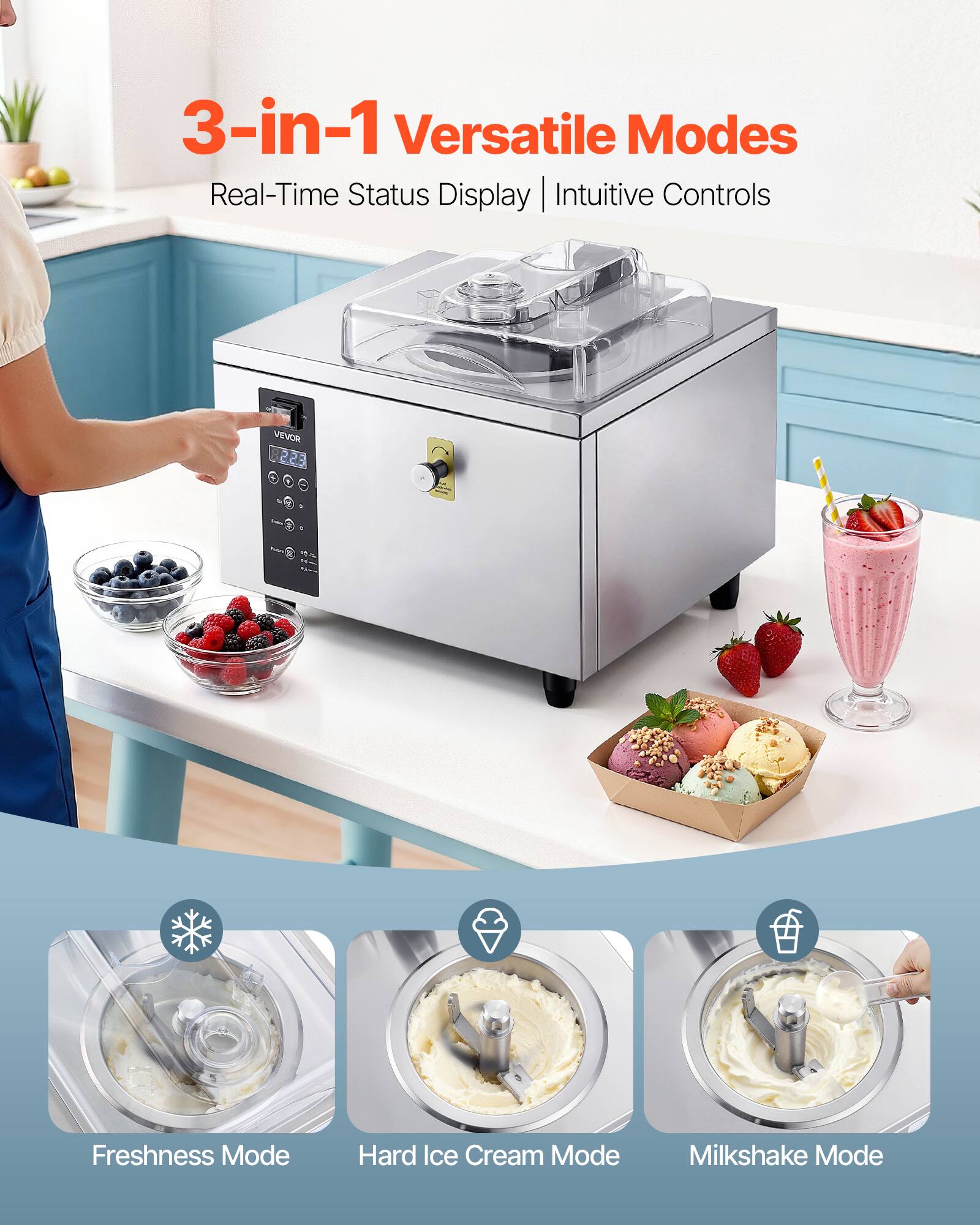 3-in-1 Versatile Modes  
Real-Time Status Display | Intuitive Controls

VEVOR

Freshness Mode  
Hard Ice Cream Mode  
Milkshake Mode
