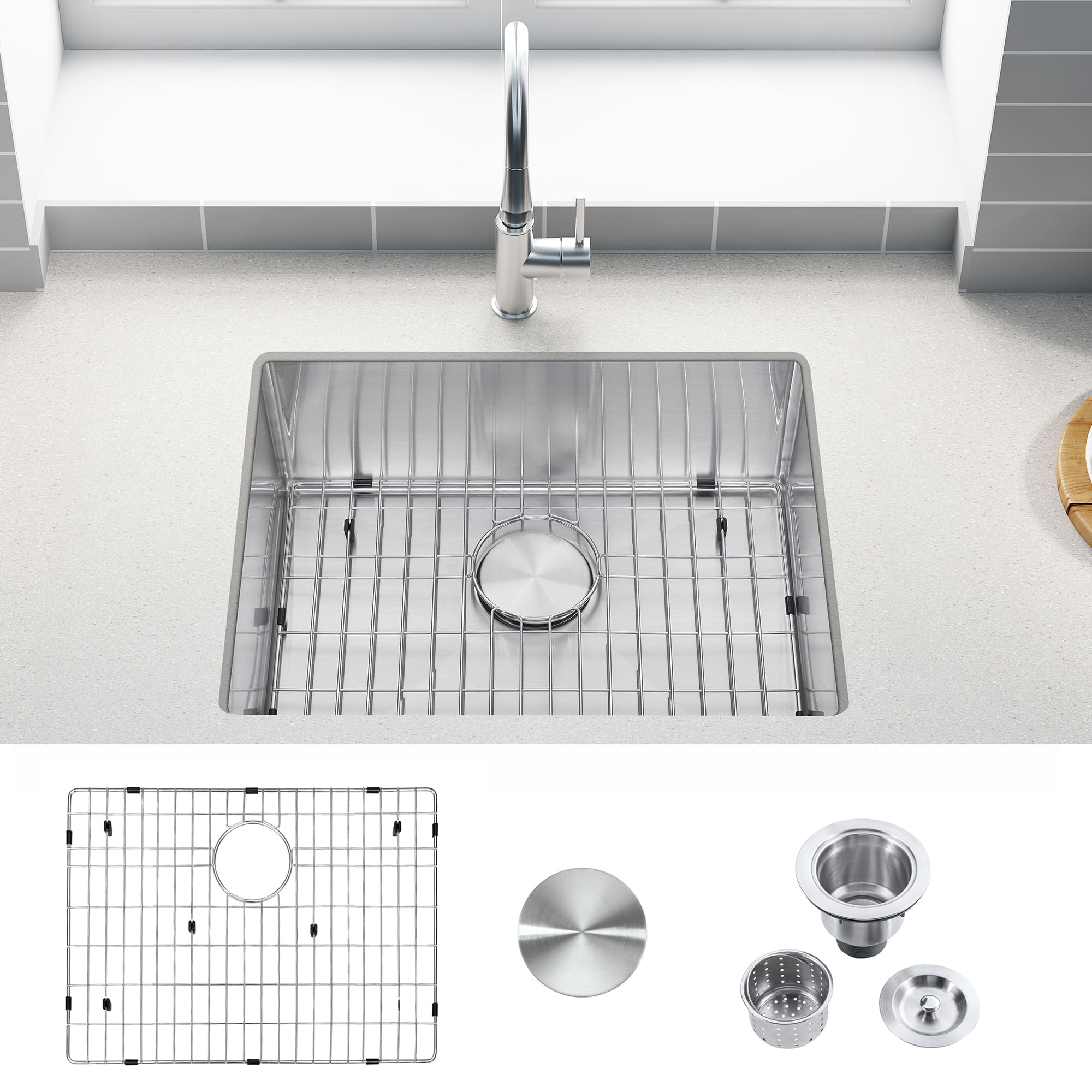 Akicon - 23 in. Undermount Single Bowl 18-Gauge Brushed Stainless Steel Kitchen Sink with Bottom Grid and Basket Strainer - Silver
