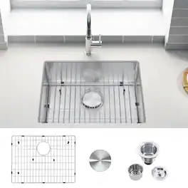 Akicon - 23 in. Undermount Single Bowl 18-Gauge Brushed Stainless Steel Kitchen Sink with Bottom Grid and Basket Strainer - Silver