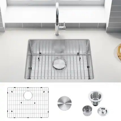 Front. Akicon - Akicon 23 in. Undermount Single Bowl 18-Gauge Brushed Stainless Steel Kitchen Sink with Bottom Grid and Basket Strainer - Silver.