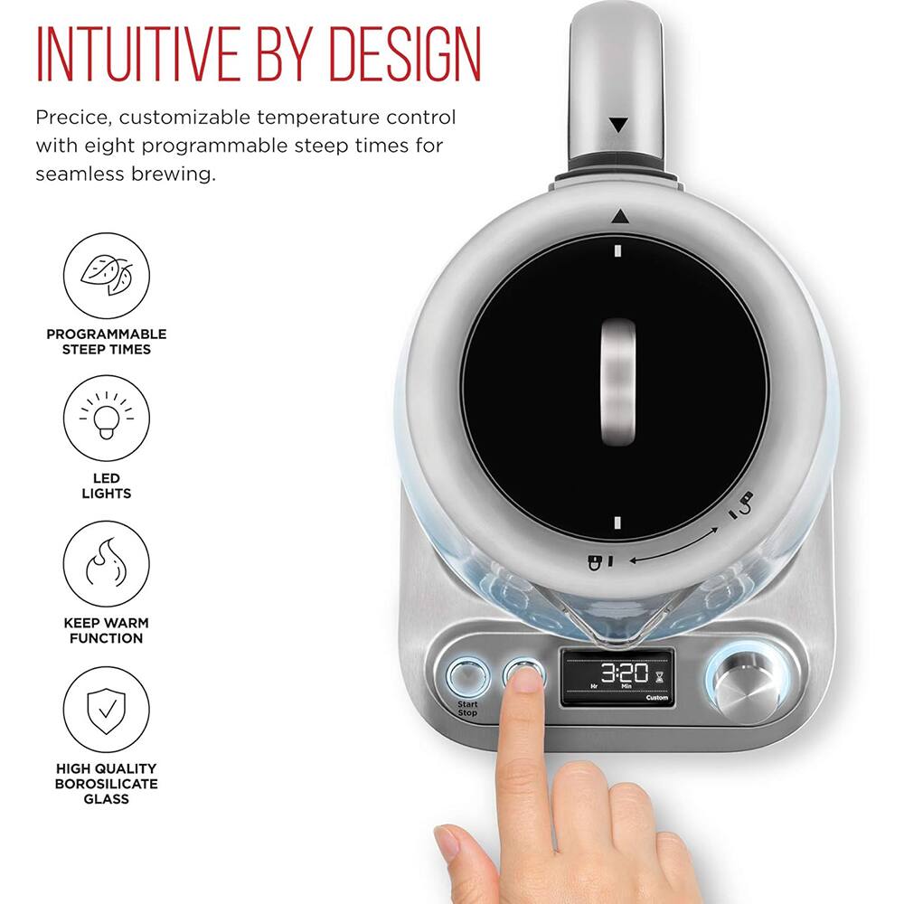INTUITIVE BY DESIGN

Precise, customizable temperature control with eight programmable steep times for seamless brewing.

- PROGRAMMABLE STEEP TIMES
- LED LIGHTS
- KEEP WARM FUNCTION
- HIGH QUALITY BOROSILICATE GLASS

3:20 X - Start Stop Custom
