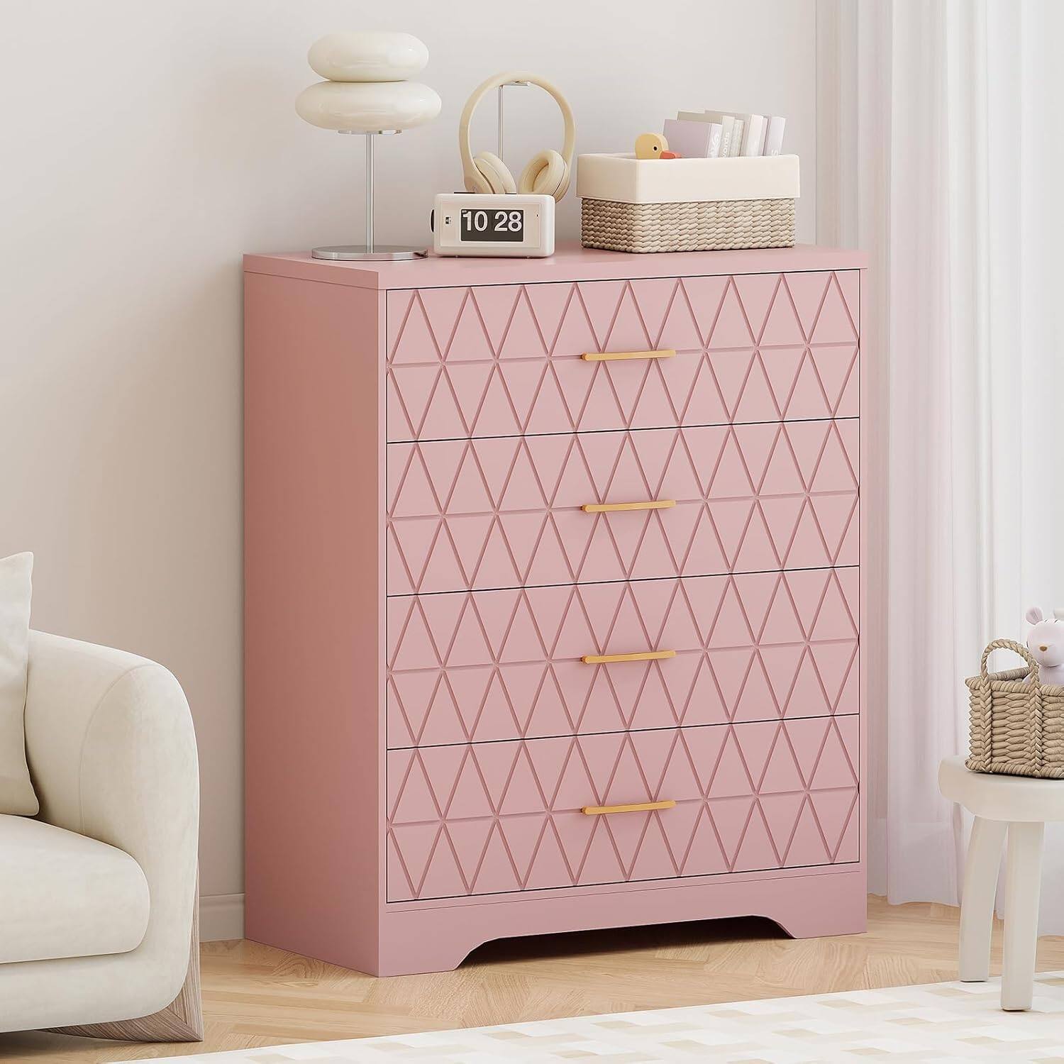 Front. Homhougo - Tall Dressers for Bedroom with 4 Drawers, Wood Chest of Drawers with Gold Handles for Closet, Modern Nightstand for - Pink.