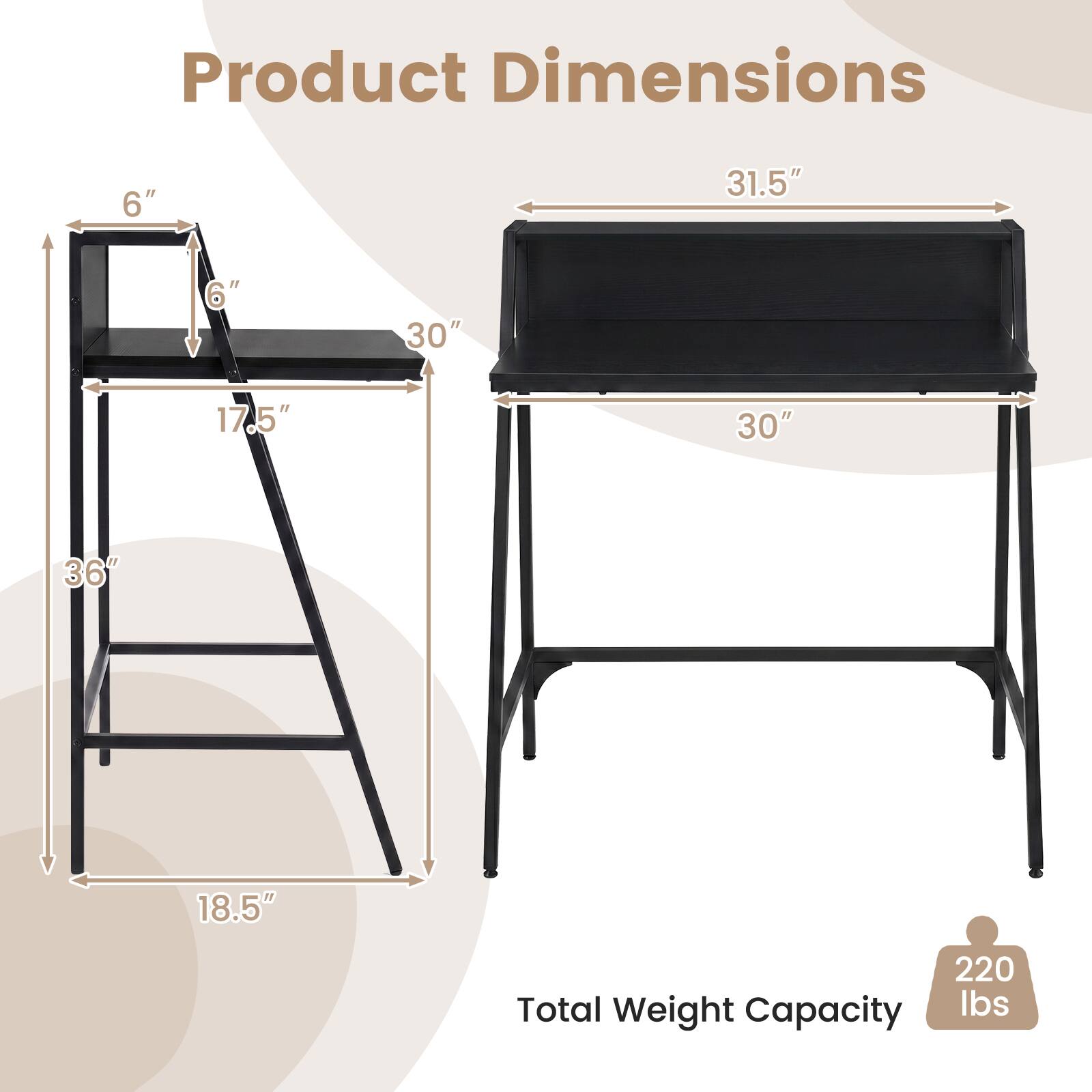 Product Dimensions: 6" x 31.5" x 6" x 30" x 17.5" x 30" x 36" x 18.5"  
Total Weight Capacity: 220 lbs