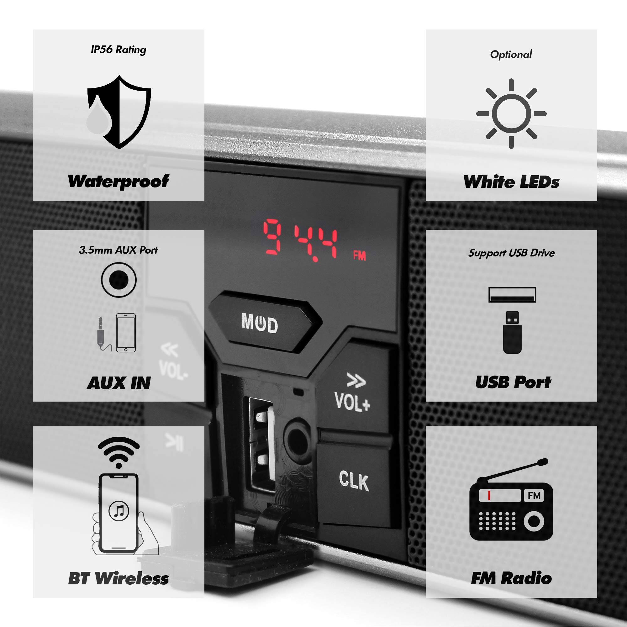 - IP56 Rating
- Waterproof
- 3.5mm AUX Port
- AUX IN
- VOL-
- VOL+
- USB Port
- Support USB Drive
- FM Radio
- BT Wireless
- Optional
- White LEDs