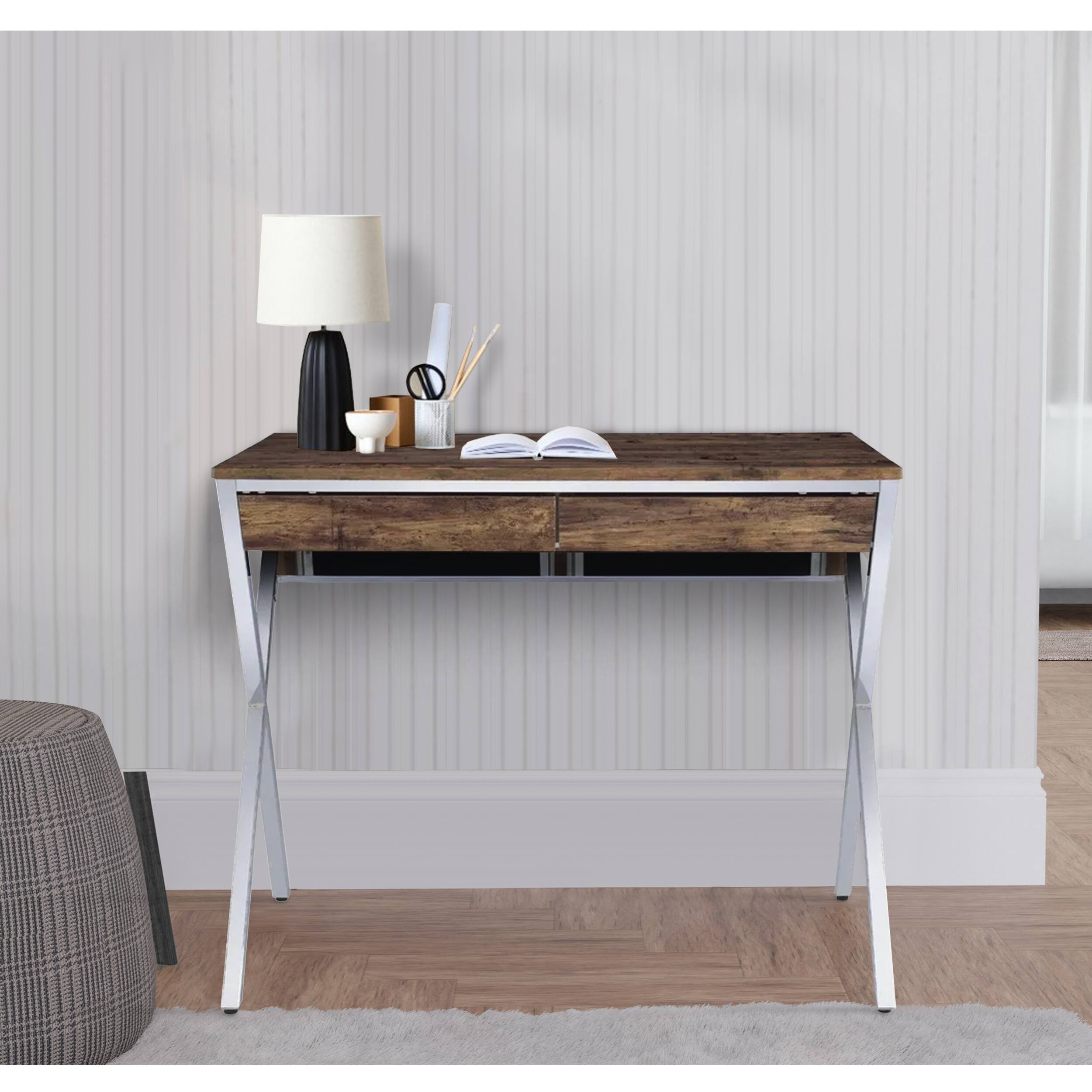 Alt View 2. Manhattan Lane - 36 Inch Modern Office Desk, 2 Drawers, X Shape Frame, Wood, Oak, Chrome - Brown and Chrome.