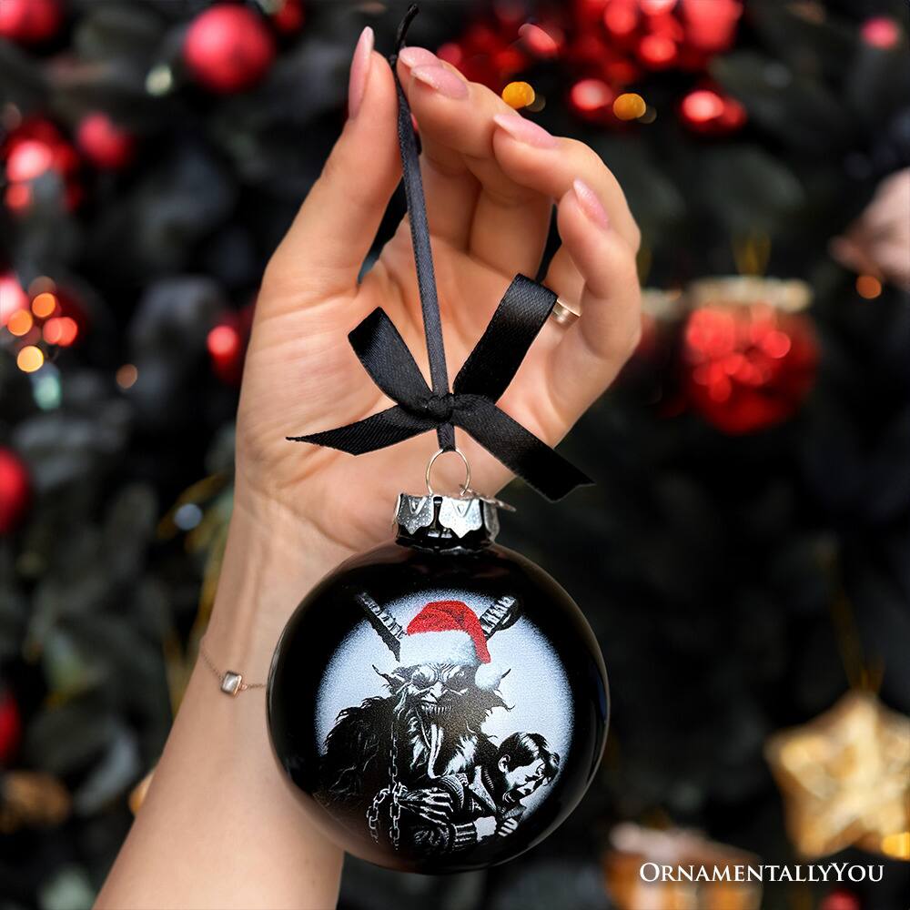 Left. OrnamentallyYou - Krampus Christmas Spooky Portrait Glass Ornament Black Horror Halloween Tree Decoration - Multi-colored.