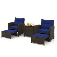 Costway 5 PCS Patio Rattan Furniture with 2 Wicker Ottomans & Tempered Glass Coffee Table - Navy + Mix Brown - Front_Zoom