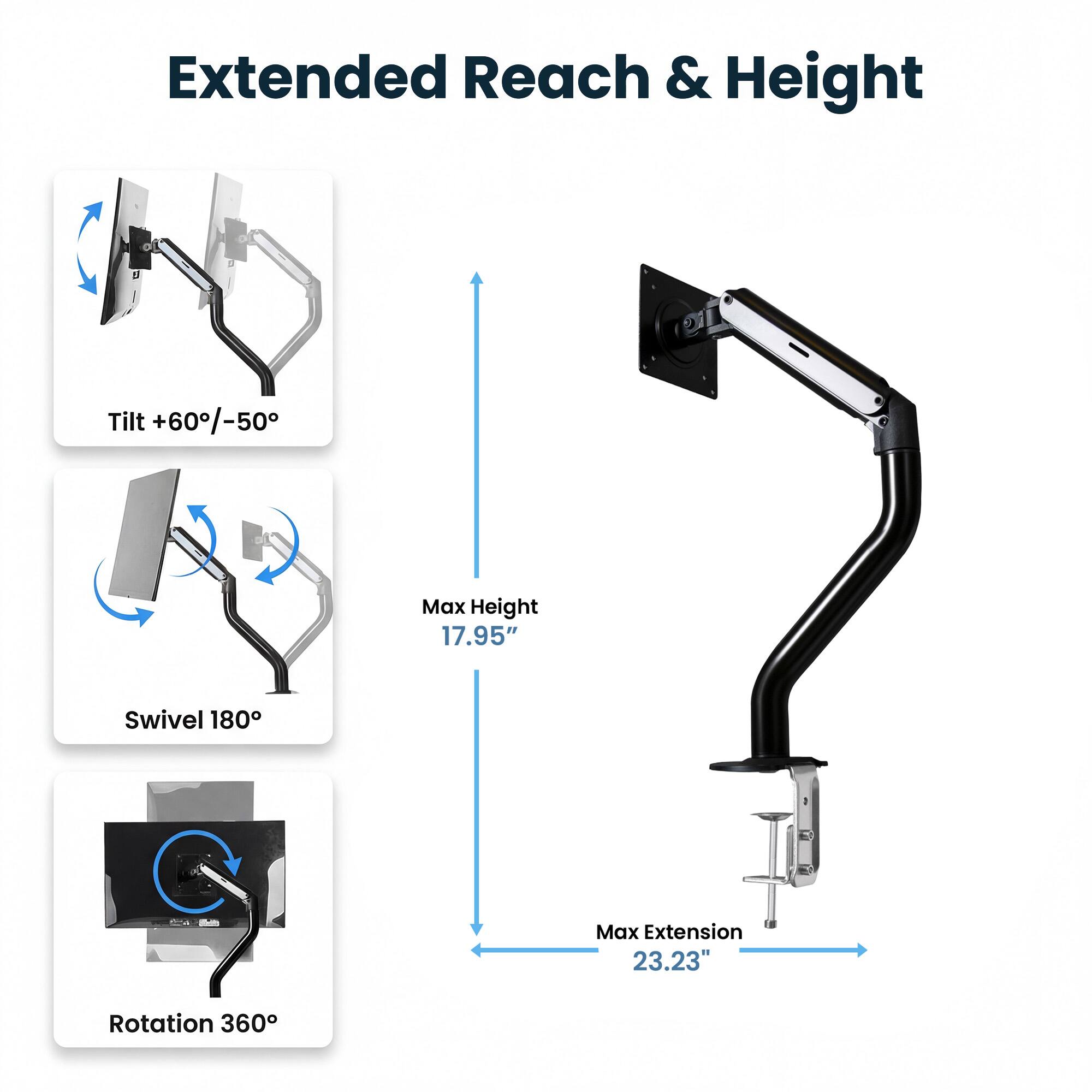 Extended Reach & Height  
Tilt +60°/-50°  
Max Height 17.95"  
Swivel 180°  
Max Extension 23.23"  
Rotation 360°