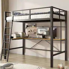 KERDOM - Loft Bed Twin Size with L-Shaped Desk & Charging Station, Heavy Duty Metal, Guardrail & Ladder, No Box Spring Needed - Black