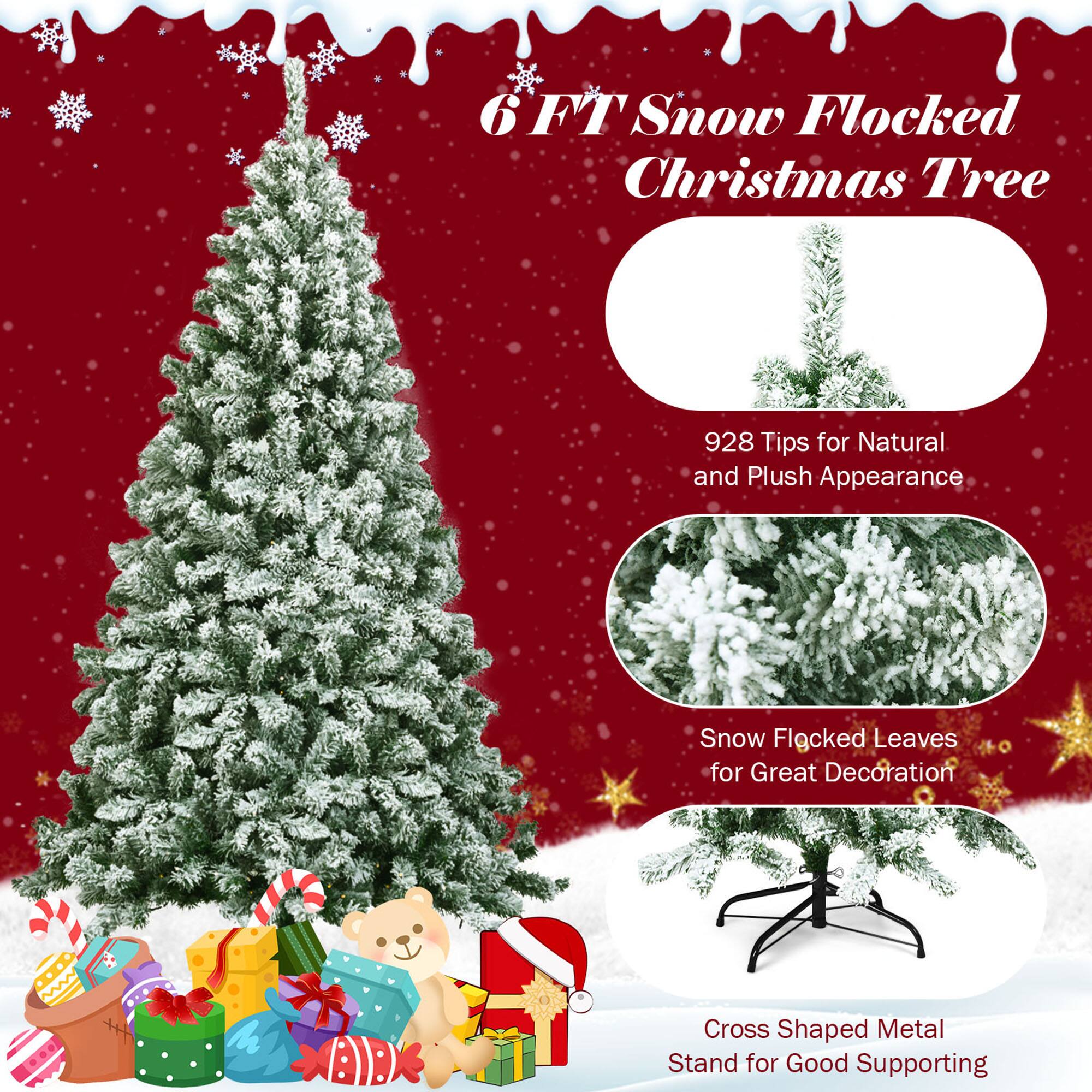 6 FT Snow Flocked Christmas Tree

928 Tips for Natural and Plush Appearance

Snow Flocked Leaves for Great Decoration

Cross Shaped Metal Stand for Good Supporting