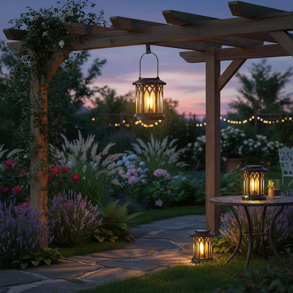 Alt View 4. FINEAK - 6.18" 2 Pack Hanging Solar Lanterns - Waterproof Outdoor Patio Decor with Clip - Black.
