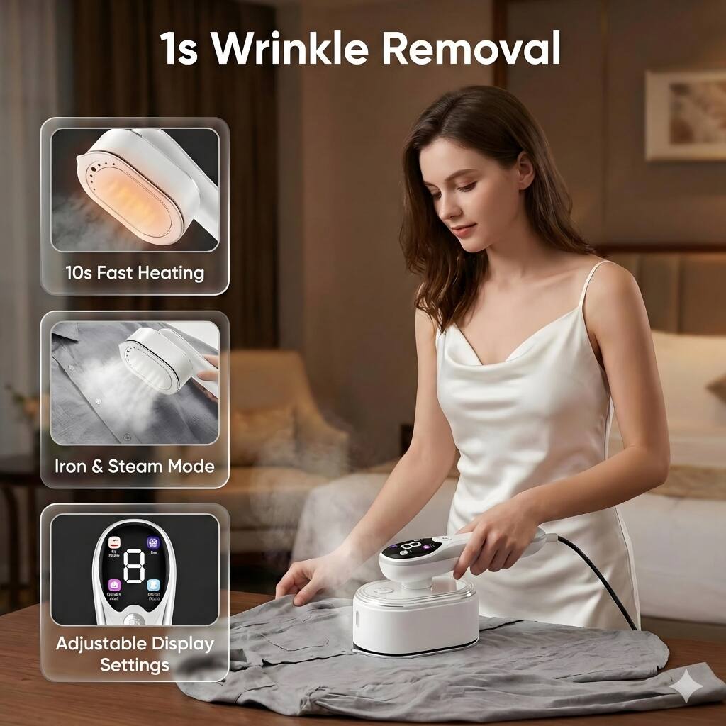 1s Wrinkle Removal  
10s Fast Heating  
Iron & Steam Mode  
Adjustable Display Settings