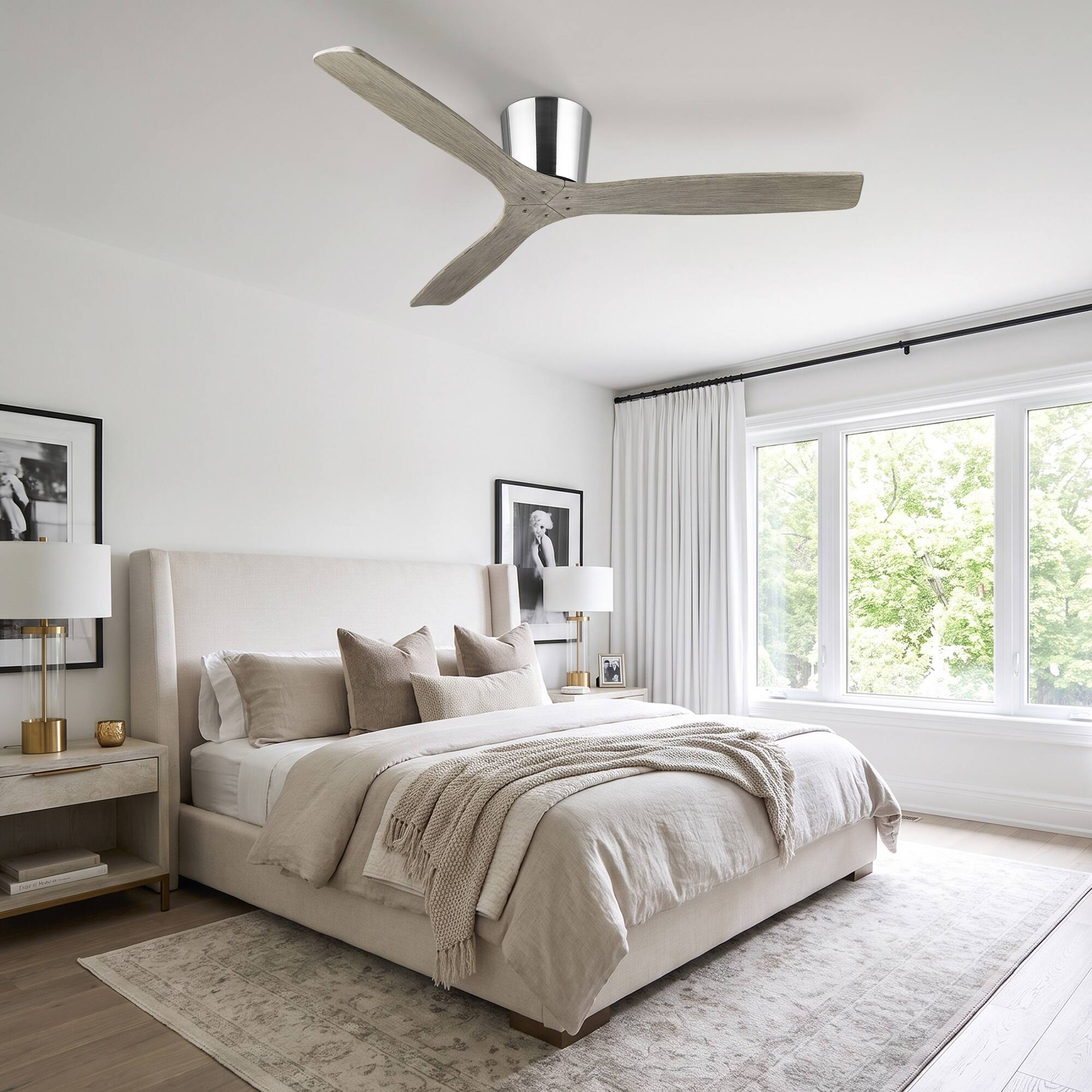 Back. Parrot Uncle - 54" Modern Solid Wood Blades 6 Speed Flush Mount Low Profile Ceiling Fan with Remote, No Light - Chrome.