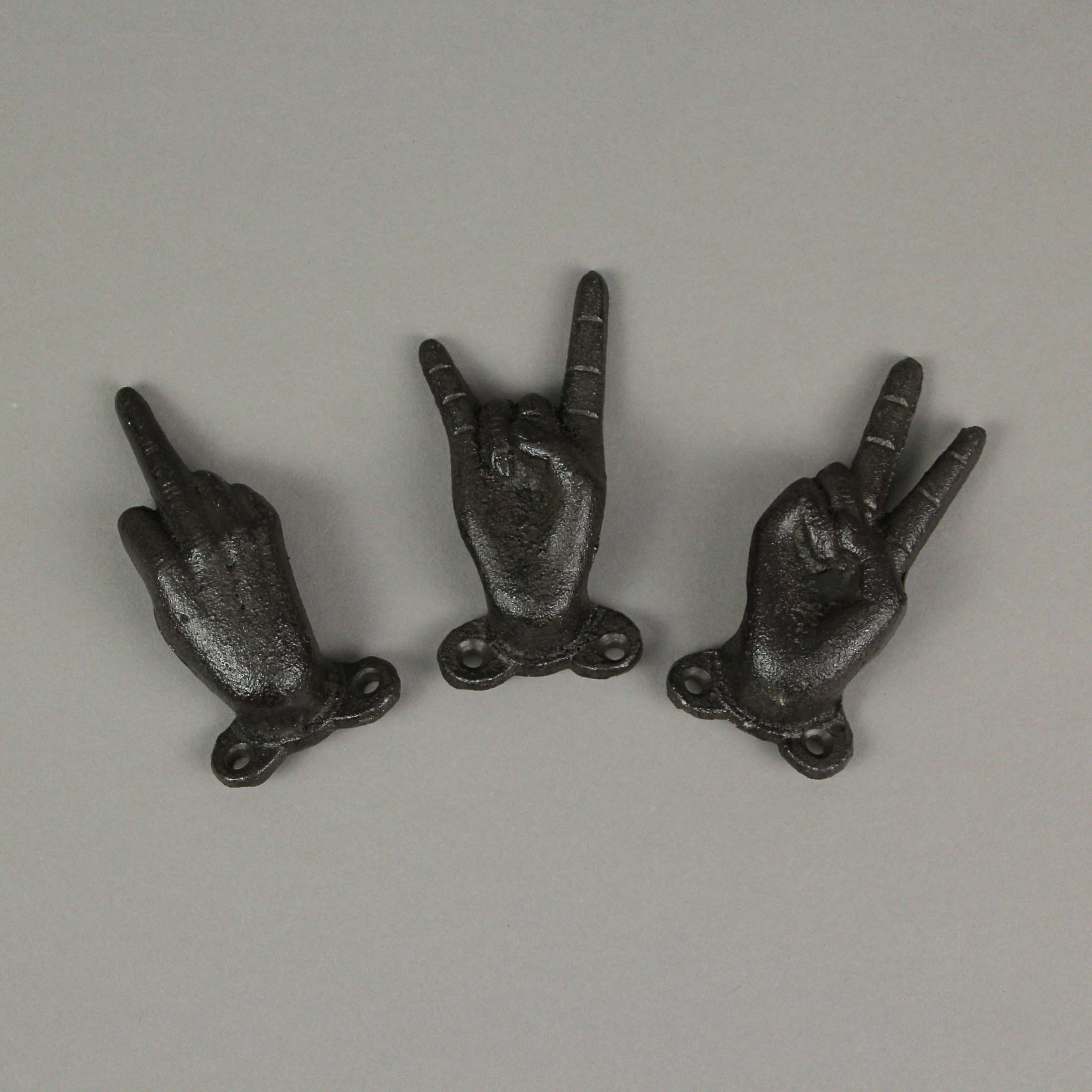 Alt View 3. Zeckos - Set of 3 Cast Iron Hand Gesture Decorative Wall Hooks Key Towel Hanger Decor - Brown.